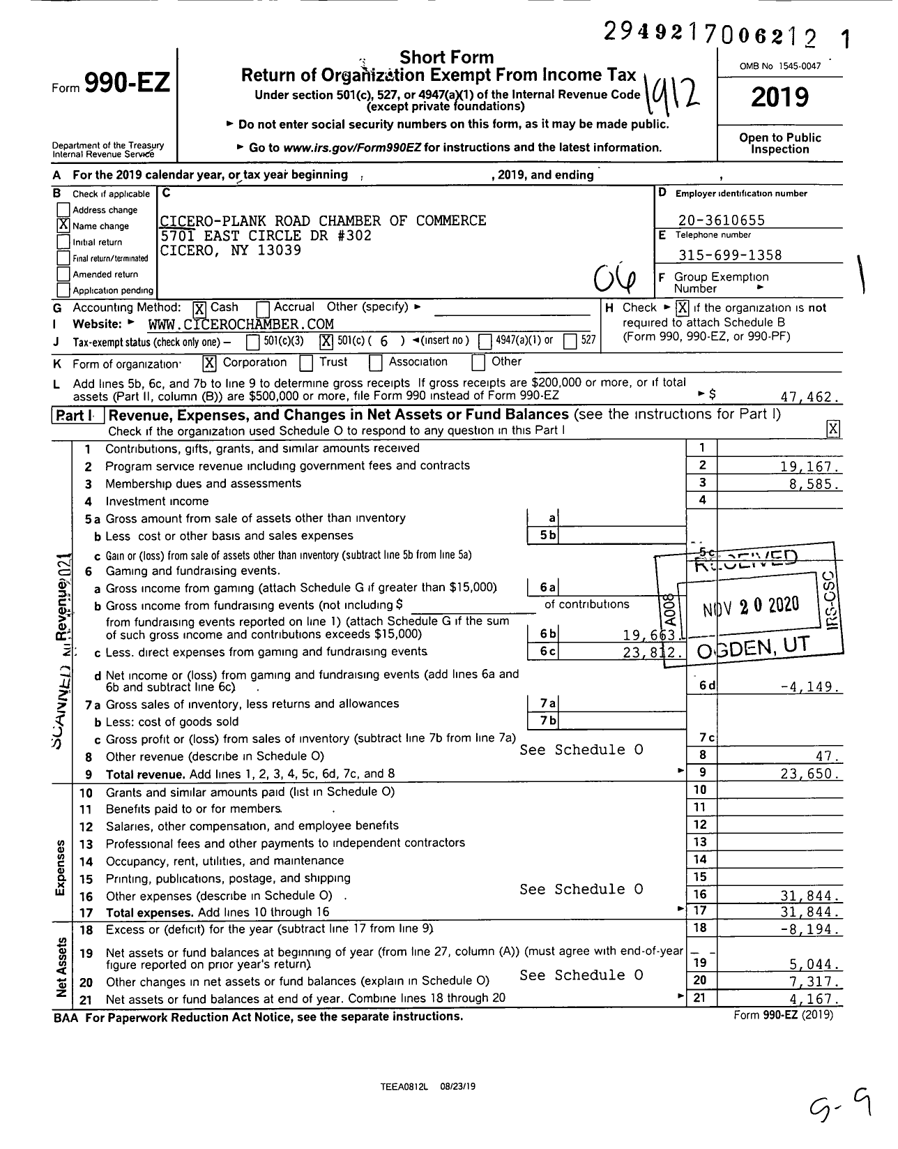 Image of first page of 2019 Form 990EO for Cicero-Plank Road Chamber of Commerce