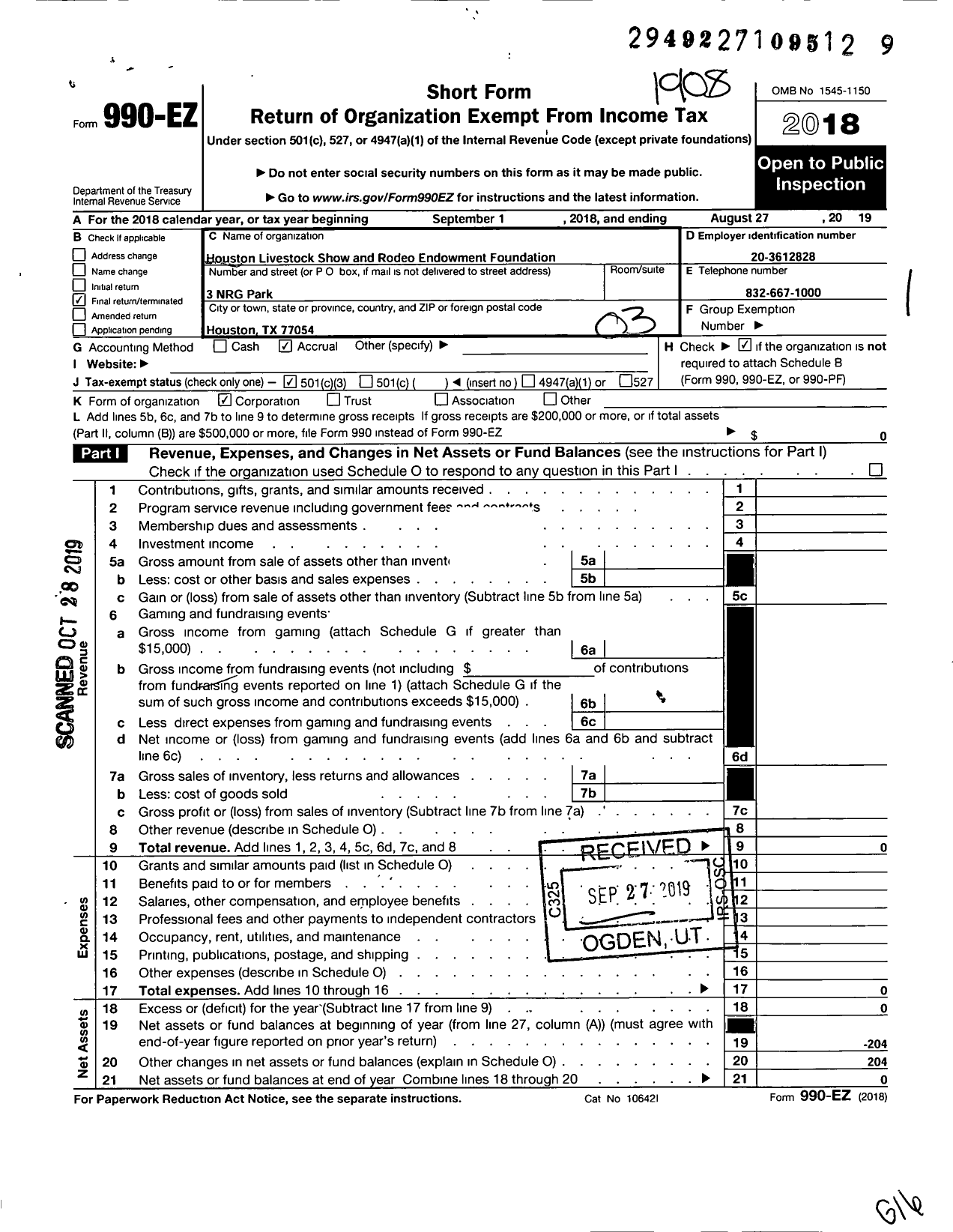 Image of first page of 2018 Form 990EZ for Houston Livestock Show and Rodeo Endowment Foundation