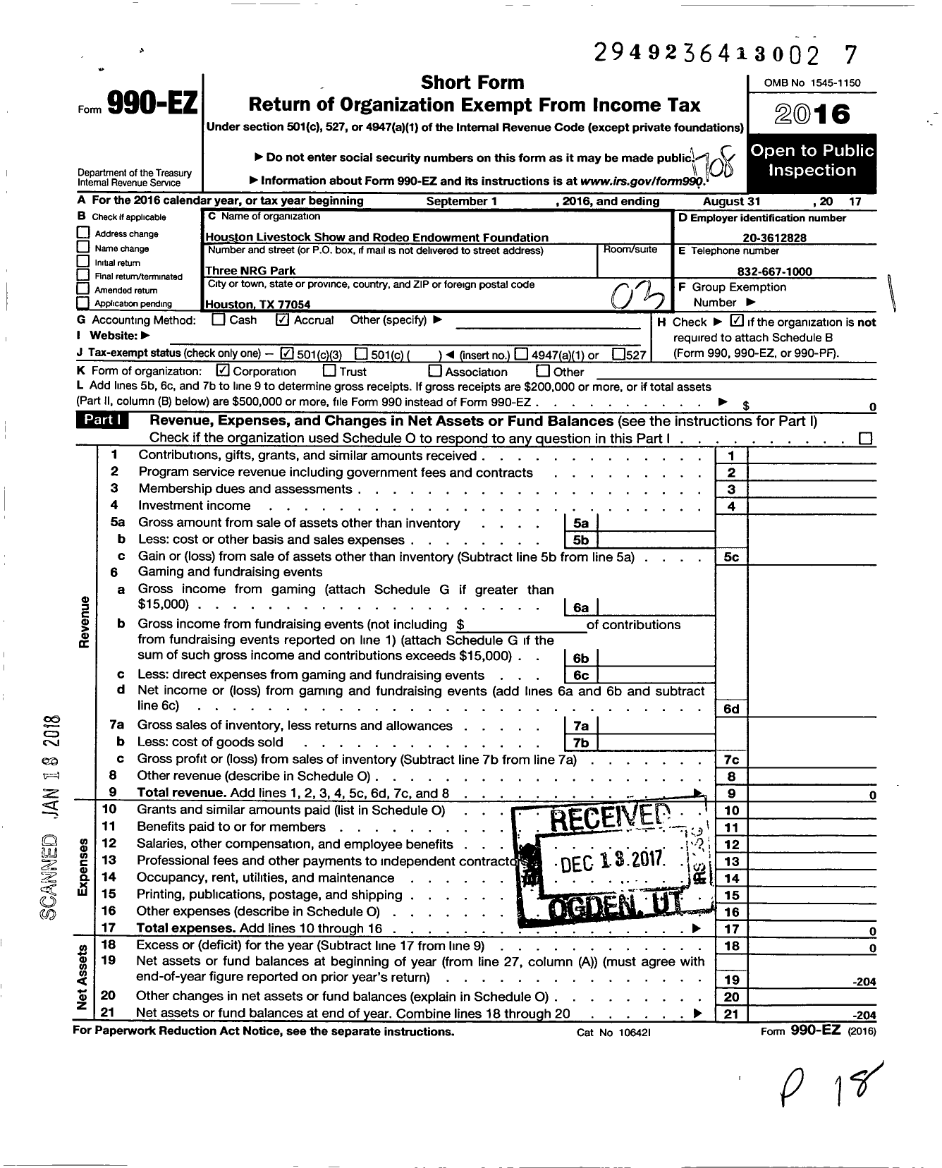 Image of first page of 2016 Form 990EZ for Houston Livestock Show and Rodeo Endowment Foundation