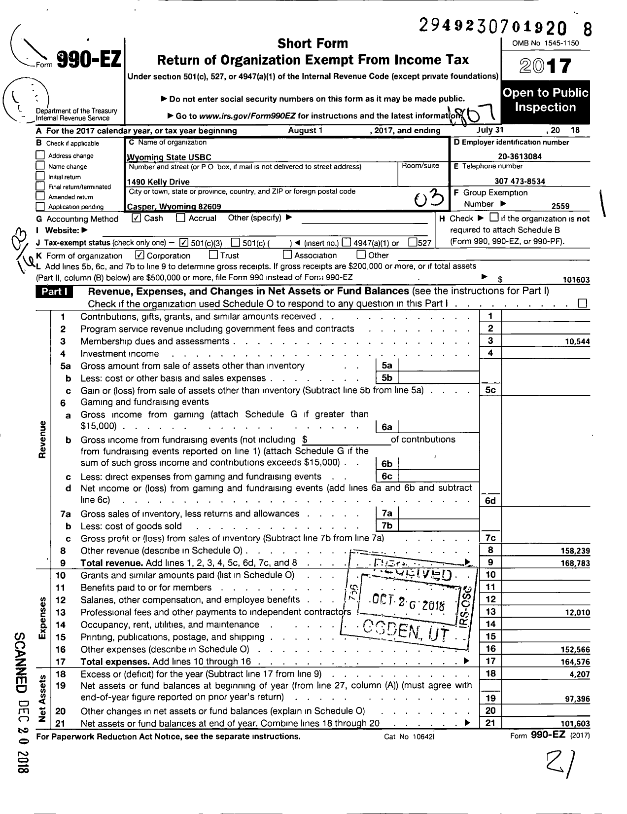 Image of first page of 2017 Form 990EZ for United States Bowling Congress - Wyoming State USBC