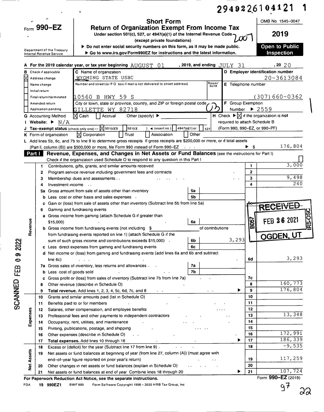 Image of first page of 2019 Form 990EZ for United States Bowling Congress - Wyoming State USBC