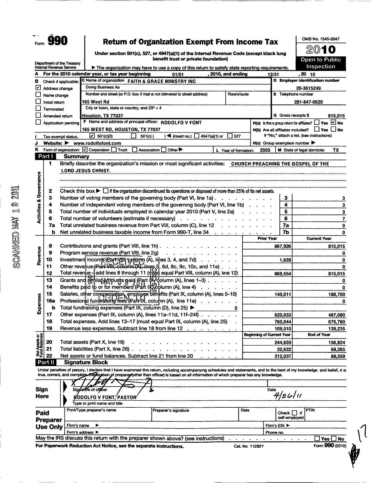 Image of first page of 2010 Form 990 for Faith and Grace Ministry