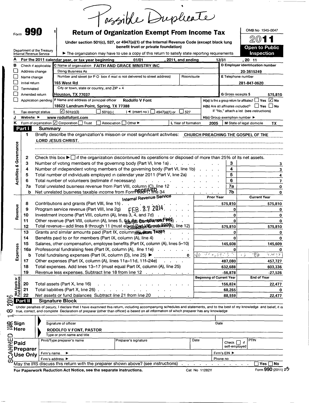 Image of first page of 2011 Form 990 for Faith and Grace Ministry