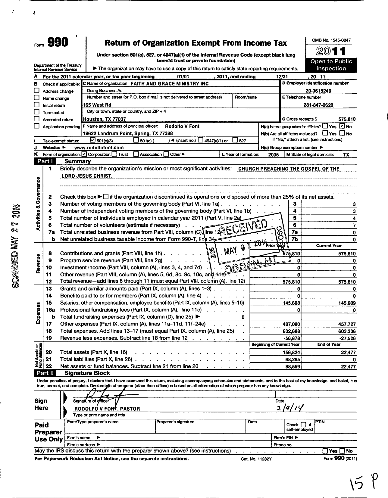 Image of first page of 2011 Form 990 for Faith and Grace Ministry