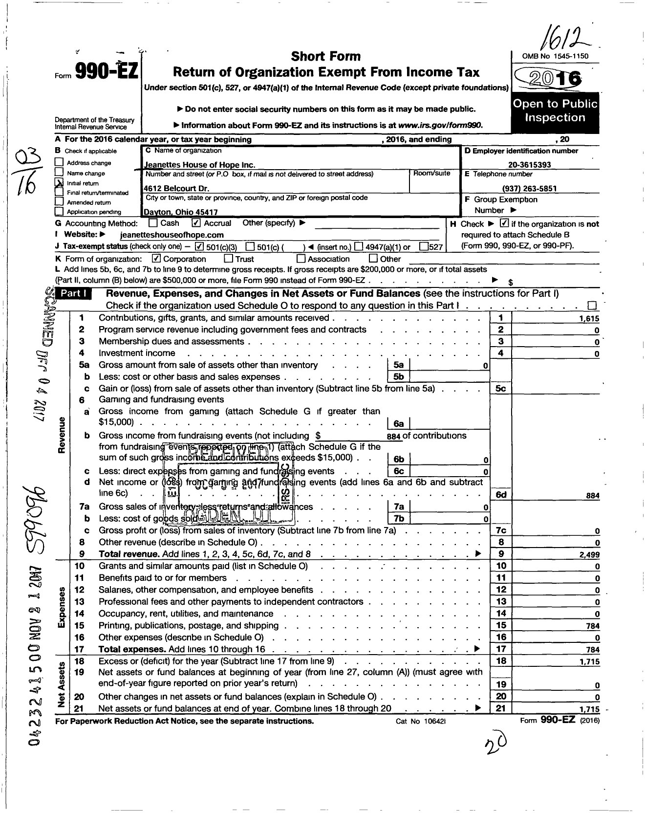 Image of first page of 2016 Form 990EZ for Jeanettes House of Hope