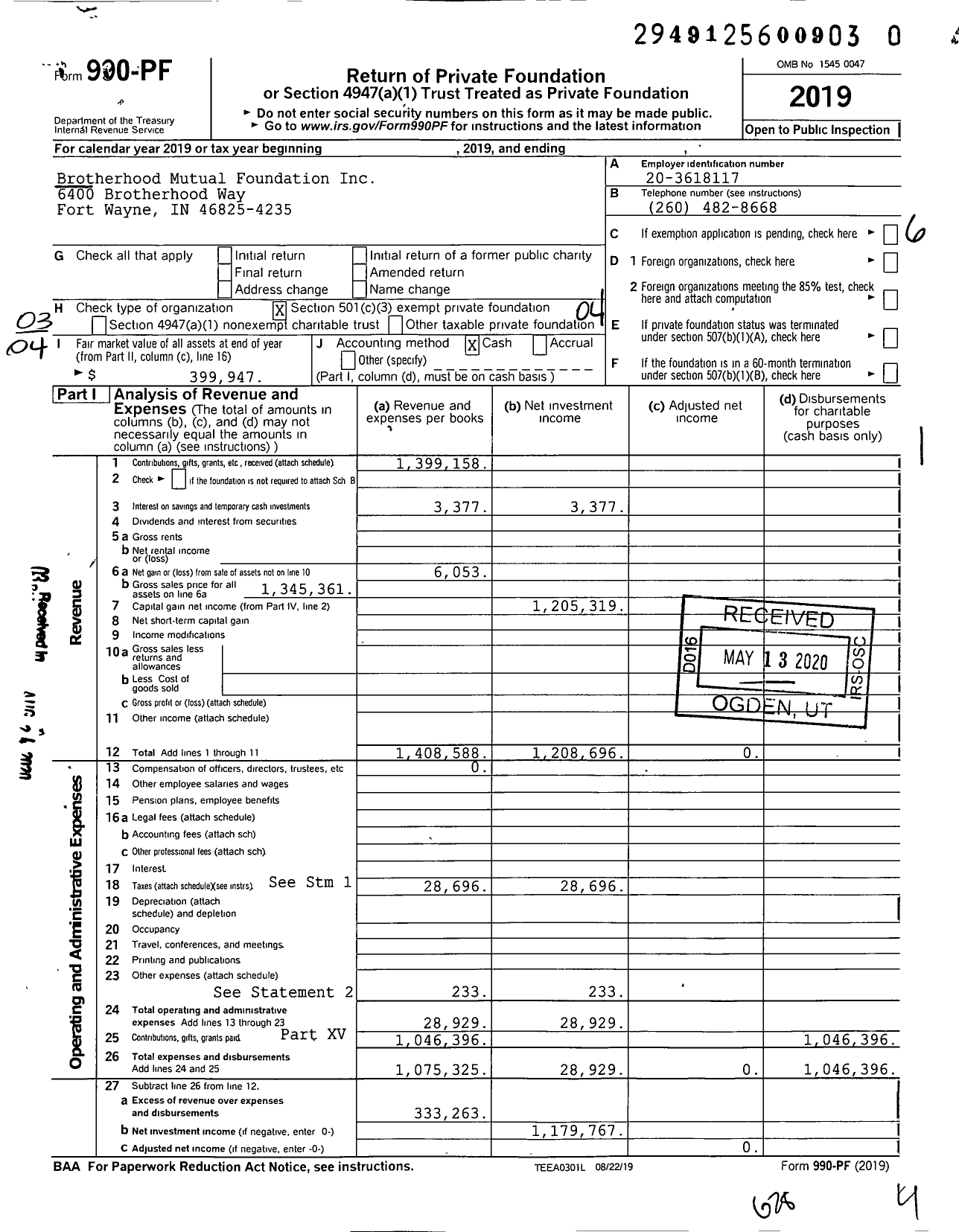 Image of first page of 2019 Form 990PR for Brotherhood Mutual Foundation