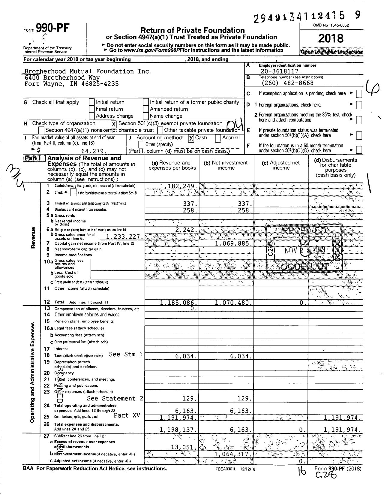 Image of first page of 2018 Form 990PF for Brotherhood Mutual Foundation