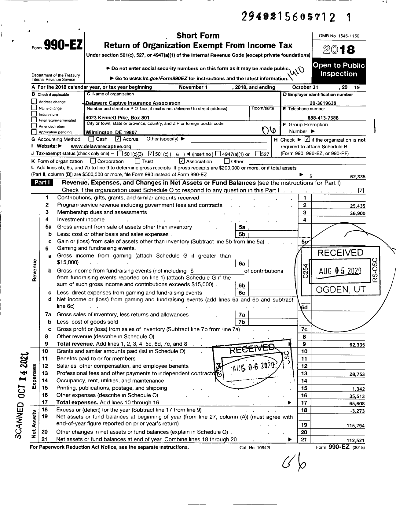 Image of first page of 2018 Form 990EO for Delaware Captive Insurance Association