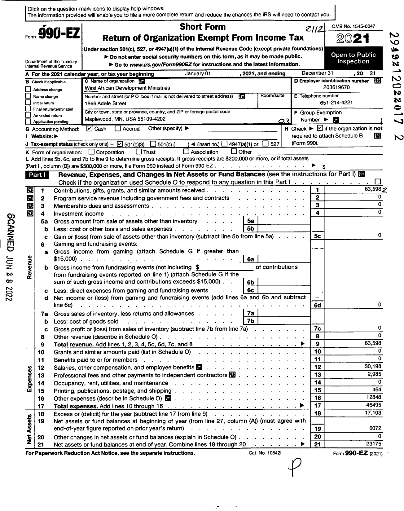 Image of first page of 2021 Form 990EZ for West African Development Ministries