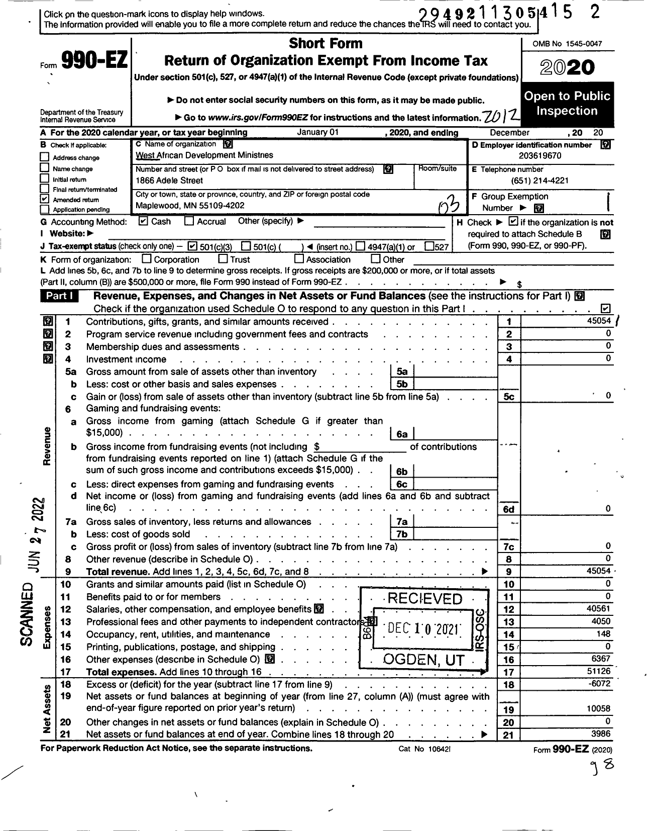 Image of first page of 2020 Form 990EZ for West African Development Ministries