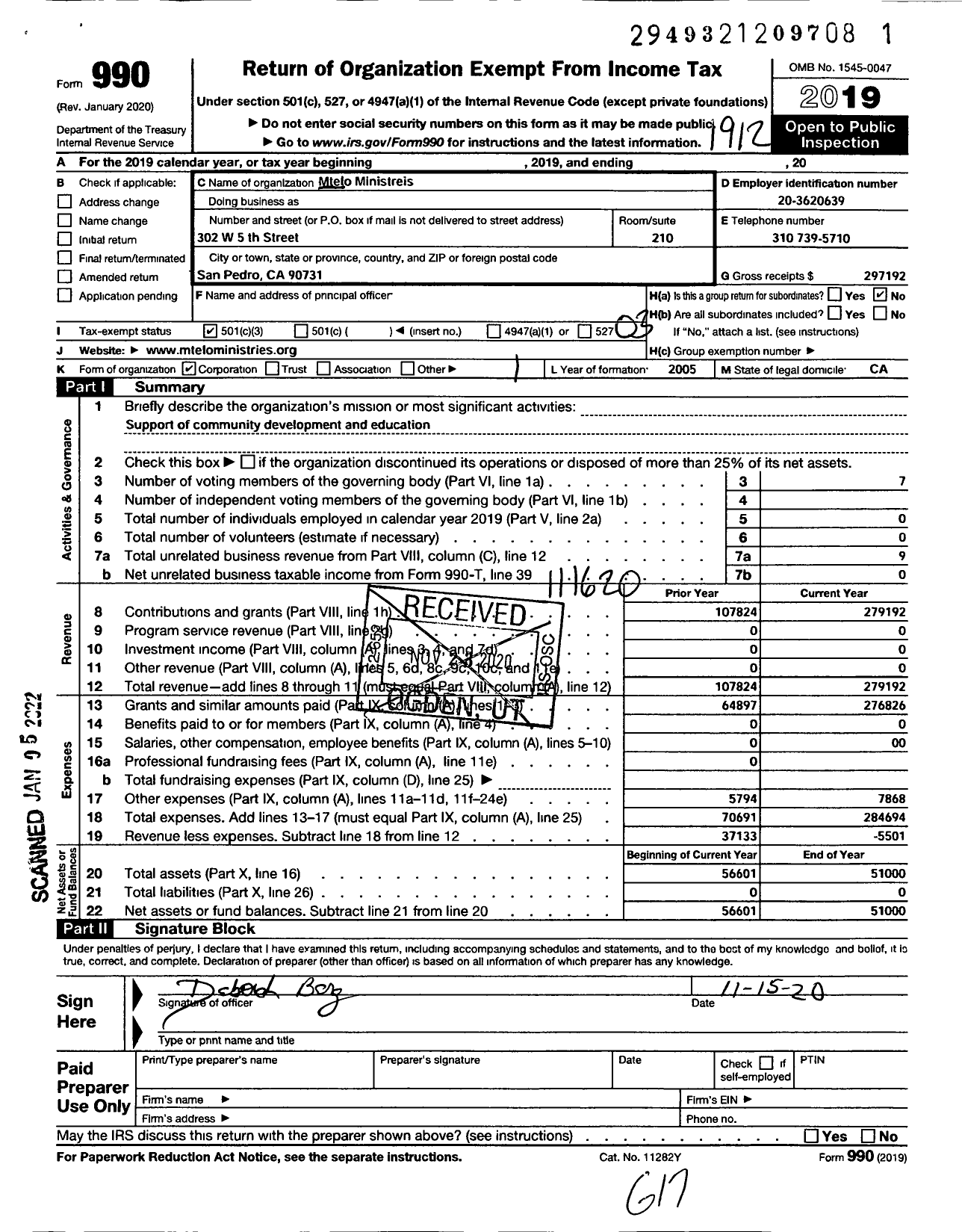 Image of first page of 2019 Form 990 for Mtelo Ministries