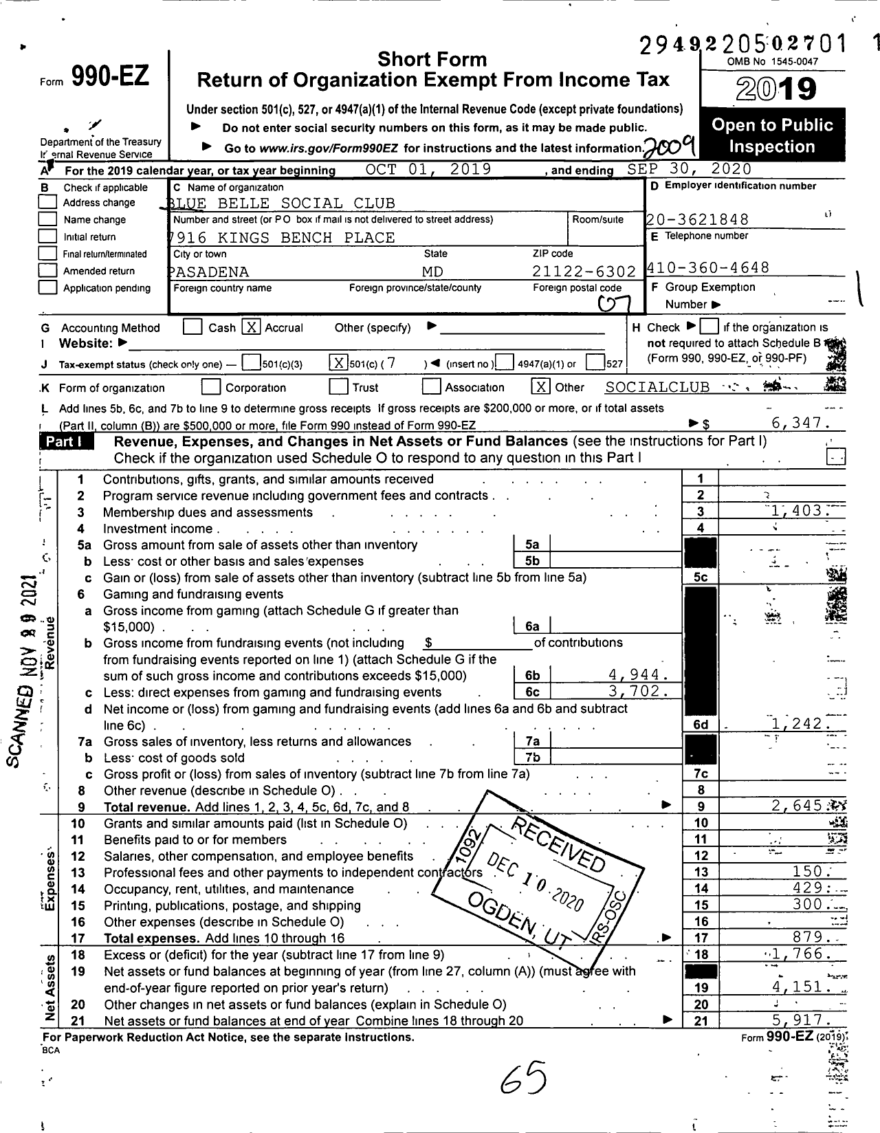 Image of first page of 2019 Form 990EO for Blue Belle Social Club