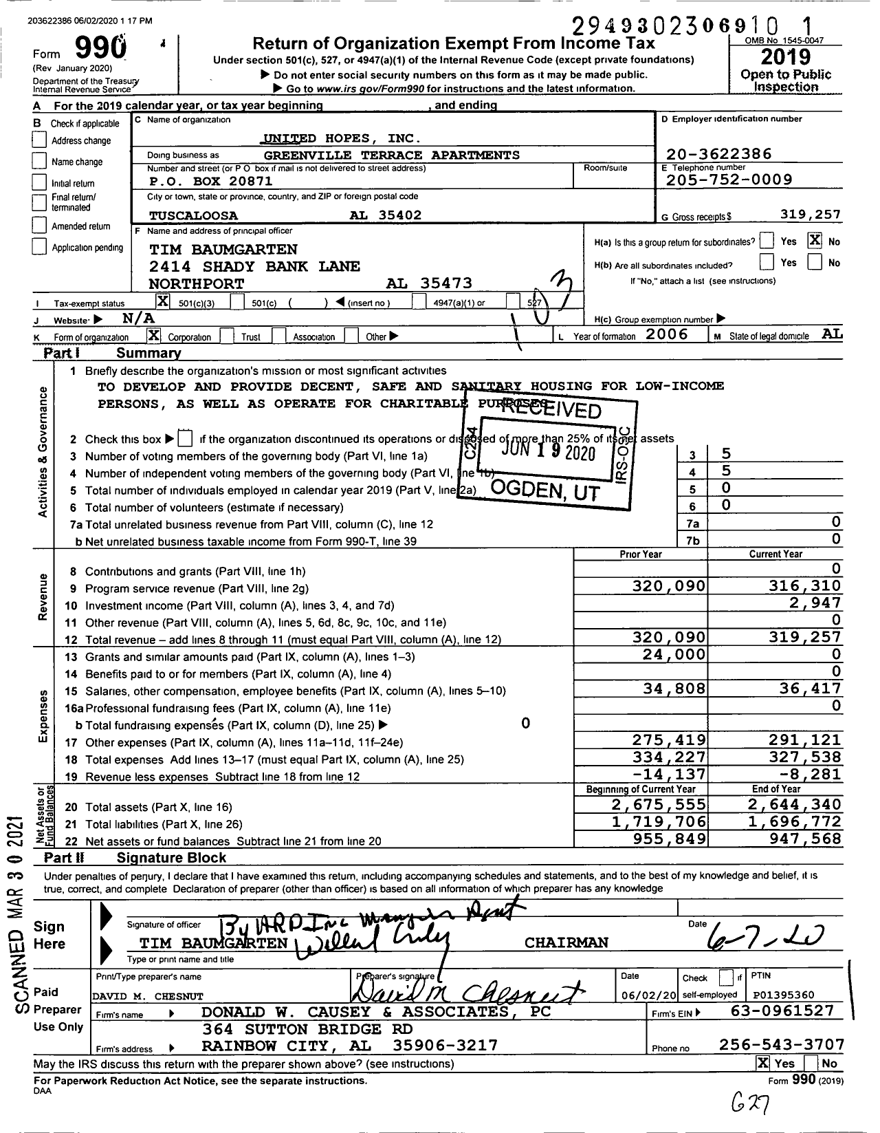 Image of first page of 2019 Form 990 for Greenville Terrace Apartments