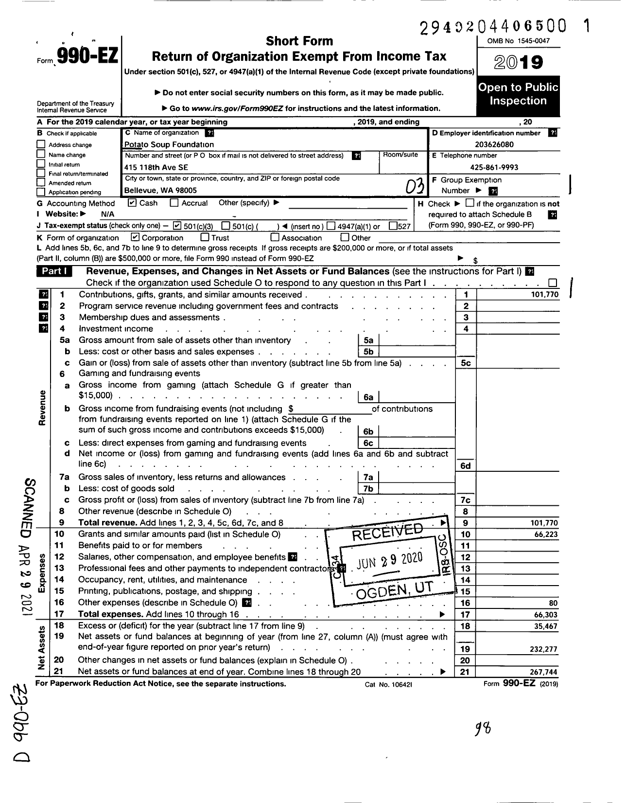 Image of first page of 2019 Form 990EZ for Potato Soup Foundation