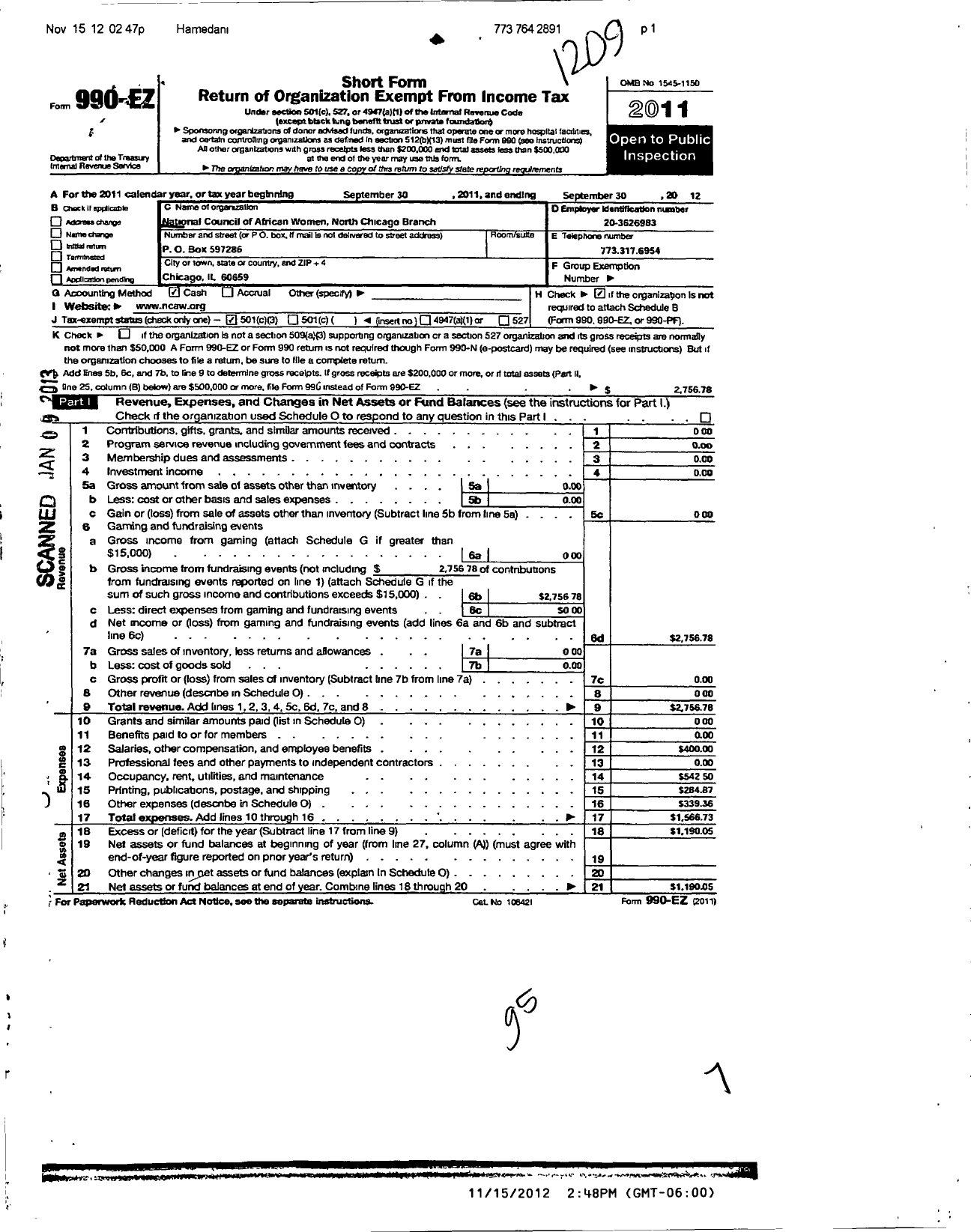 Image of first page of 2011 Form 990EZ for National Council of African Women- North Chicago Branch