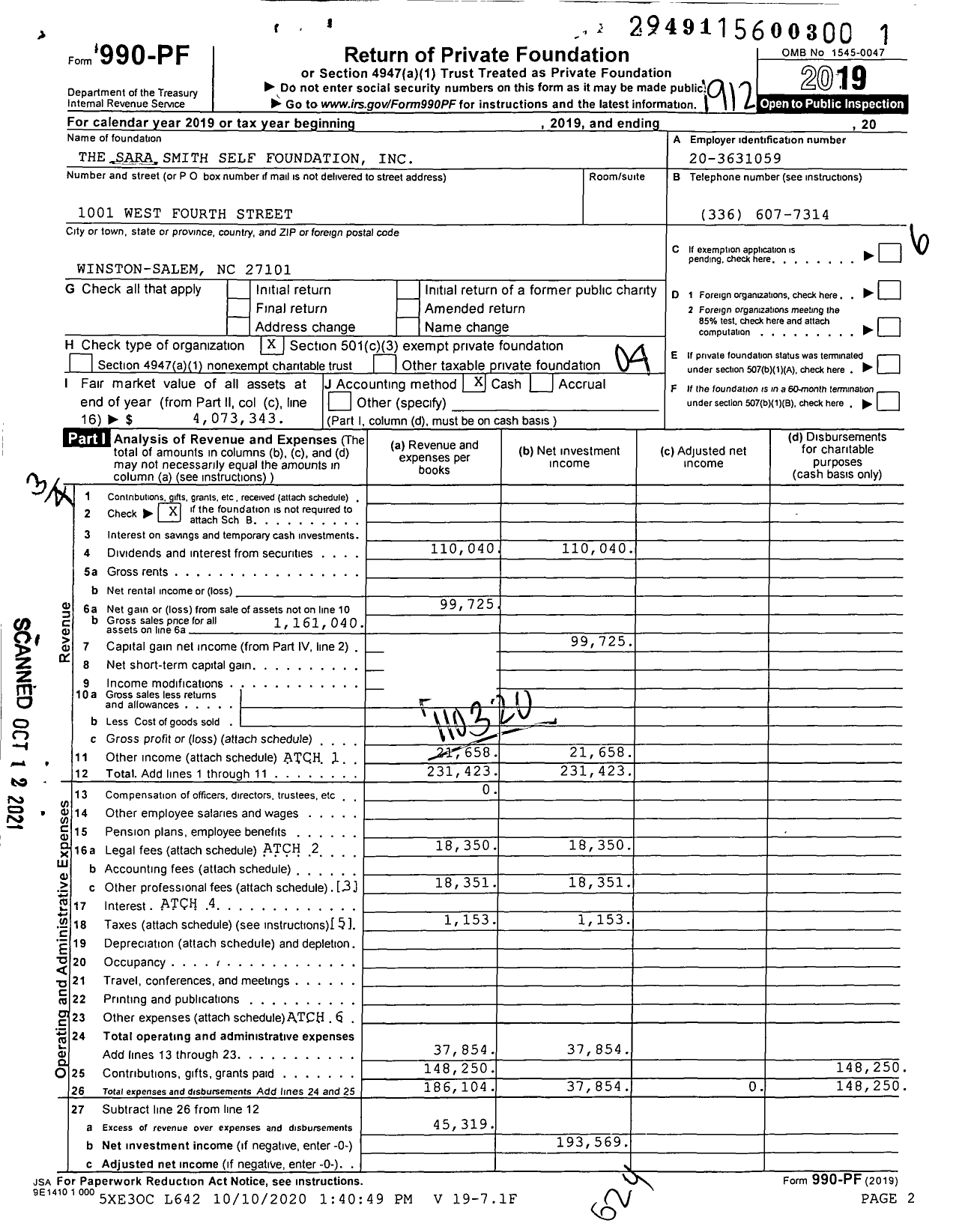 Image of first page of 2019 Form 990PF for The Sara Smith Self Foundation