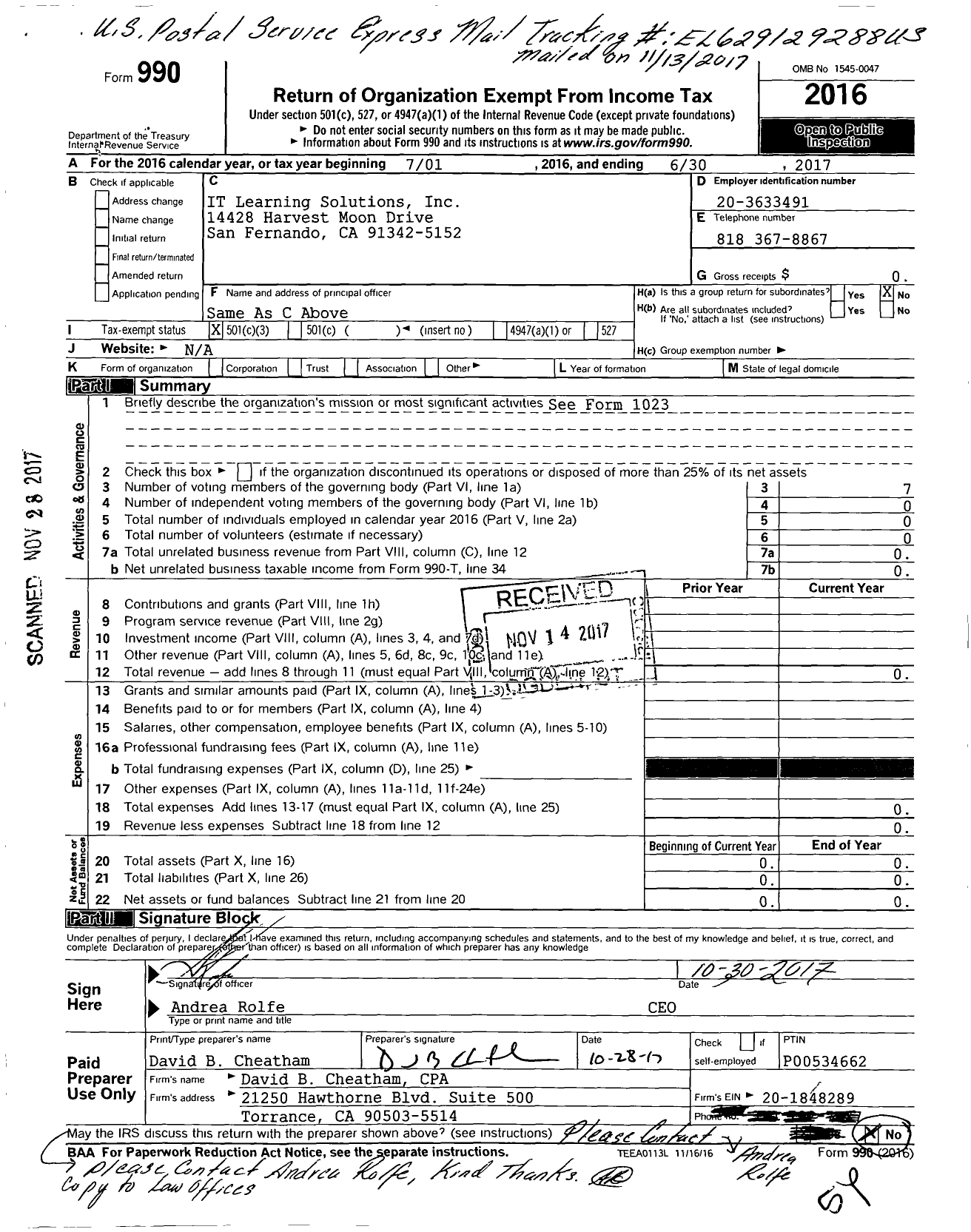 Image of first page of 2016 Form 990 for IT Learning Solutions