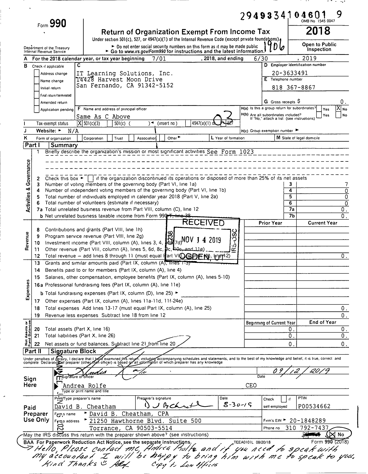 Image of first page of 2018 Form 990 for IT Learning Solutions