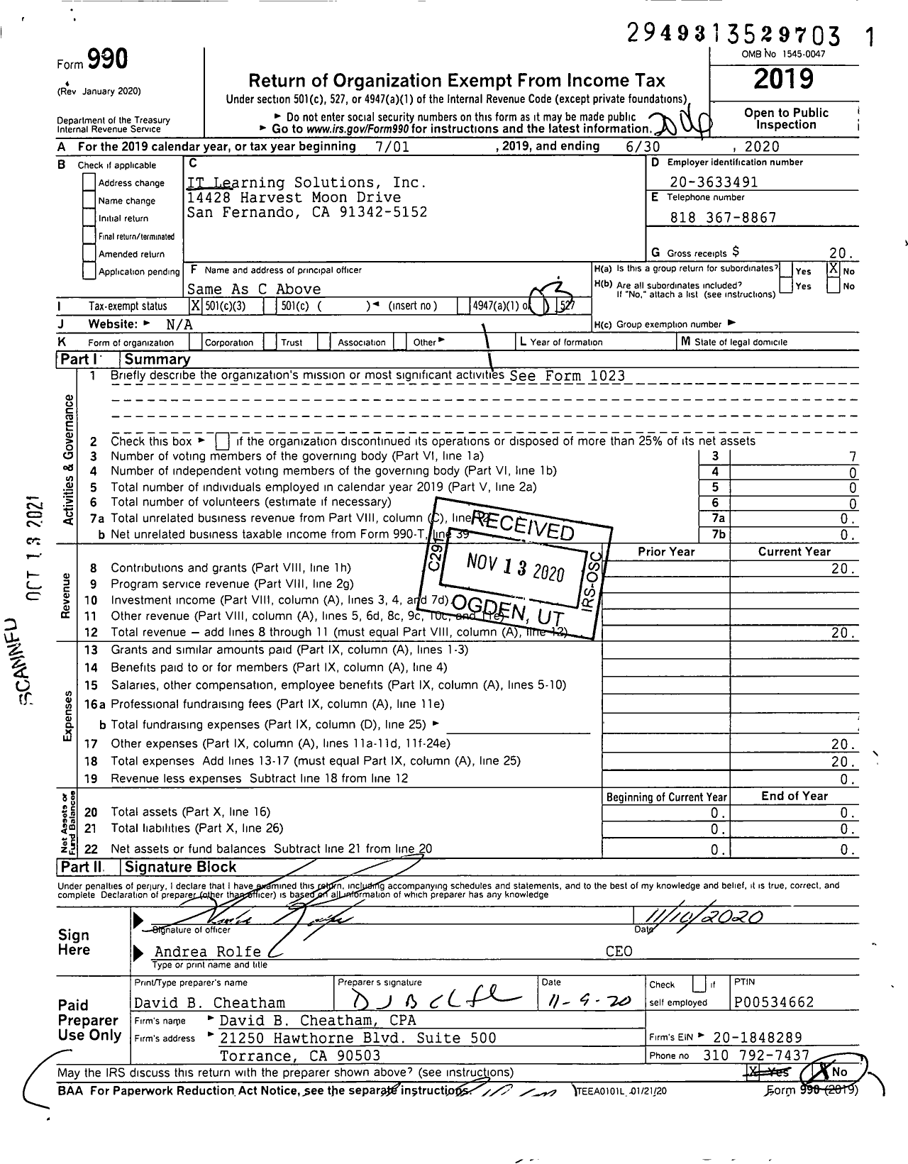 Image of first page of 2019 Form 990 for IT Learning Solutions