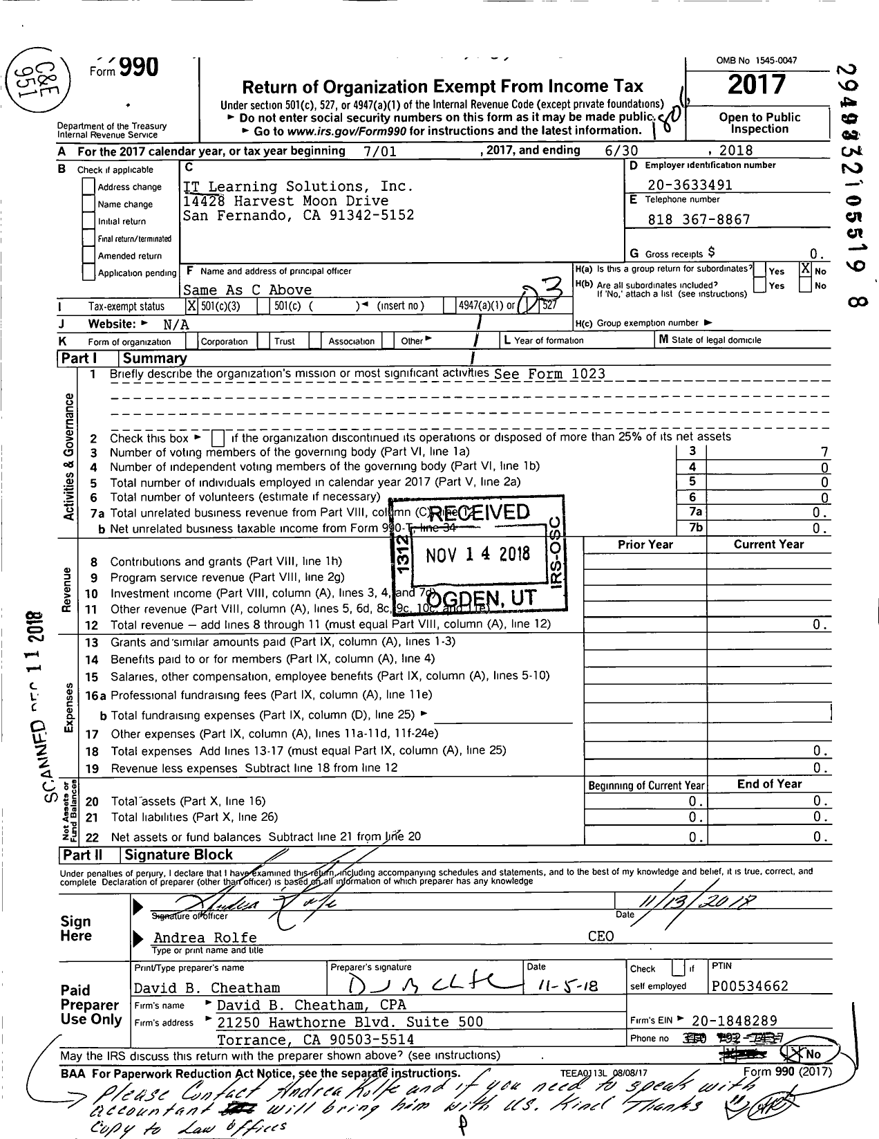 Image of first page of 2017 Form 990 for IT Learning Solutions