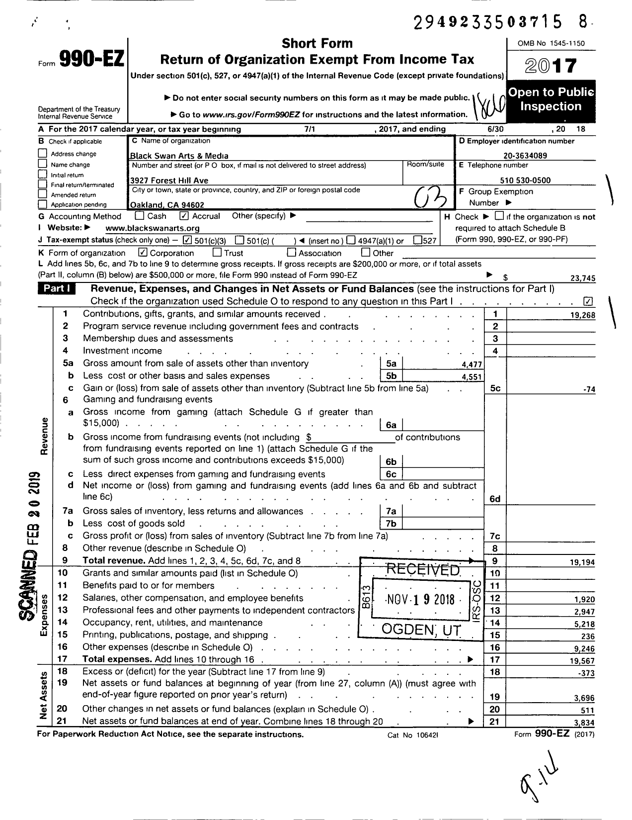 Image of first page of 2017 Form 990EZ for Black Swan Arts and Media