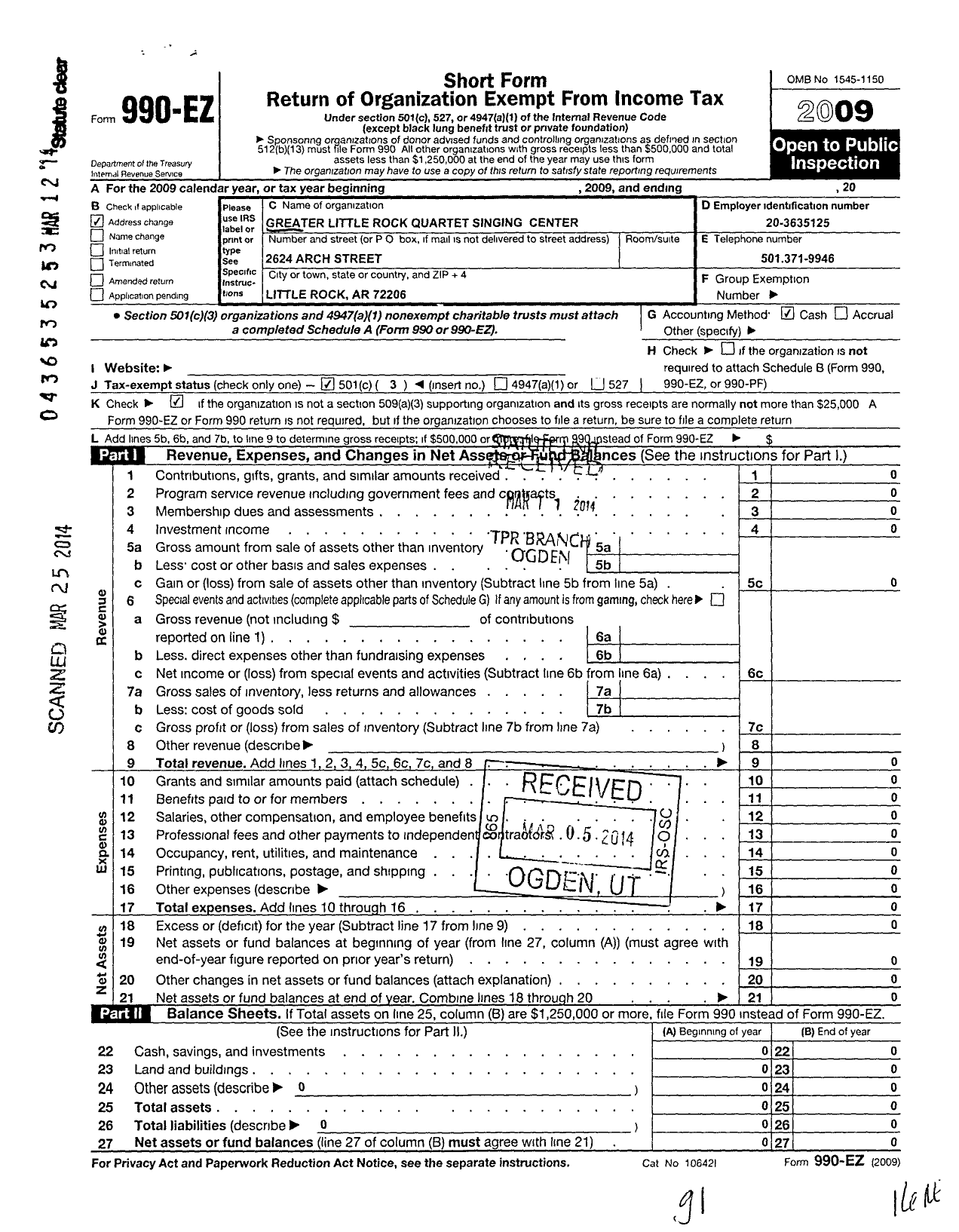 Image of first page of 2009 Form 990EZ for Greater Little Rock Quartet Singing Center