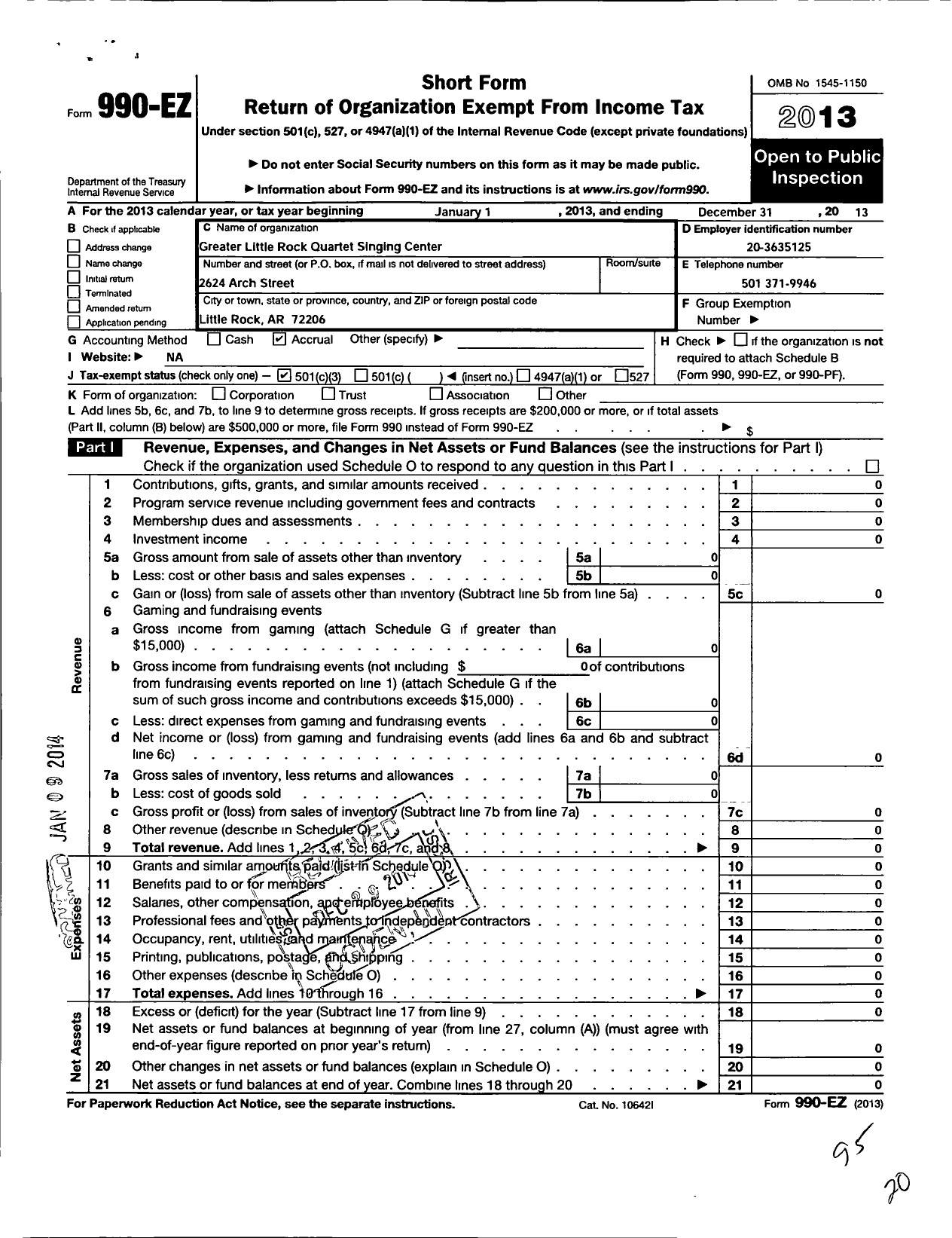 Image of first page of 2013 Form 990EZ for Greater Little Rock Quartet Singing Center