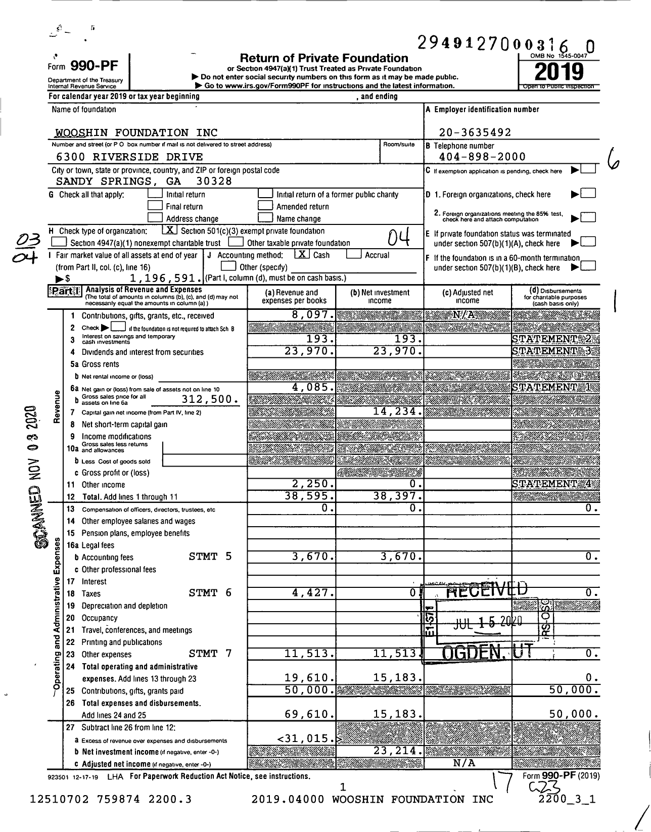 Image of first page of 2019 Form 990PF for Wooshin Foundation