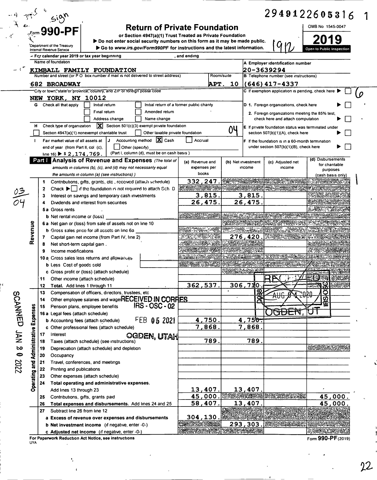 Image of first page of 2019 Form 990PF for Kimball Family Foundation