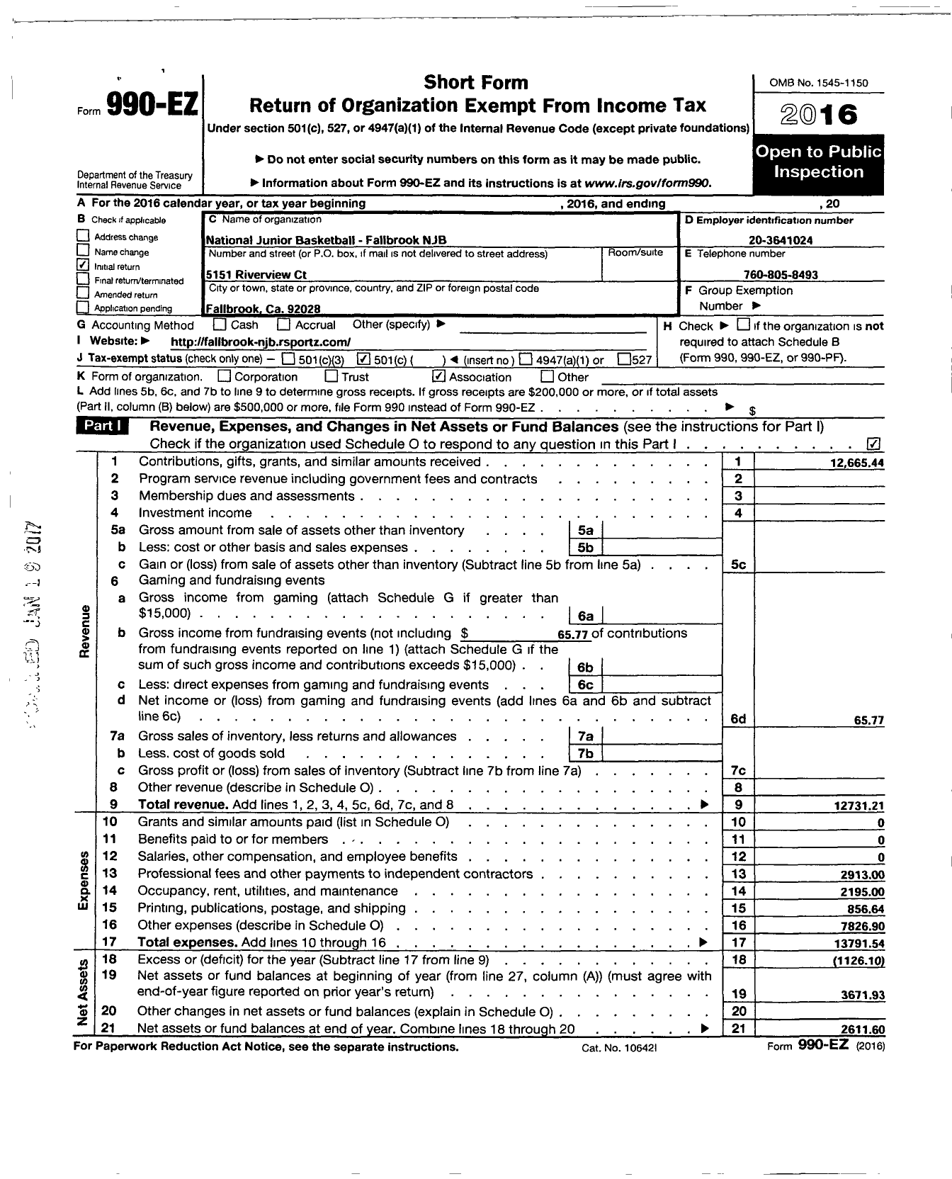 Image of first page of 2016 Form 990EO for National Junior Basketball - Fallbrook NJB