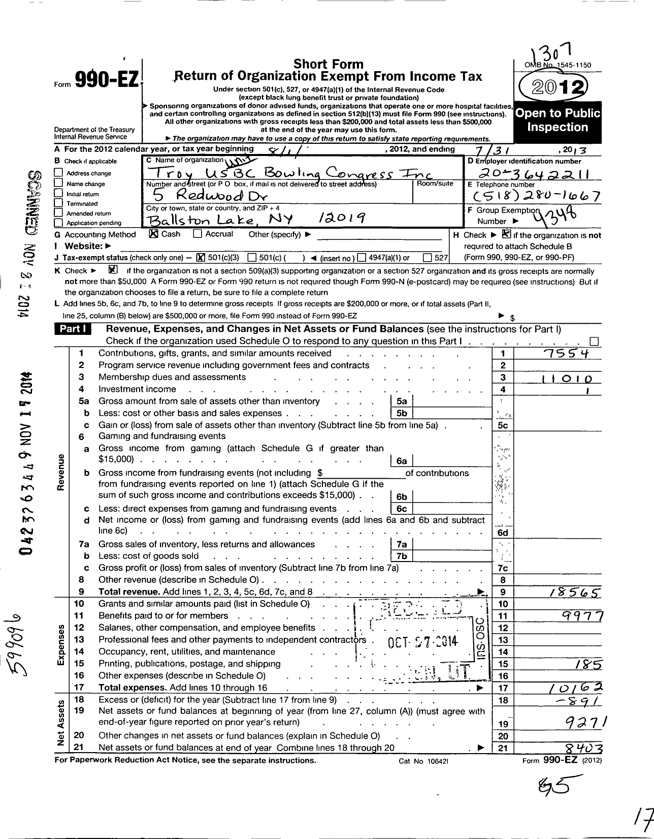 Image of first page of 2012 Form 990EZ for United States Bowling Congress - 85338 Troy Usbc Youth