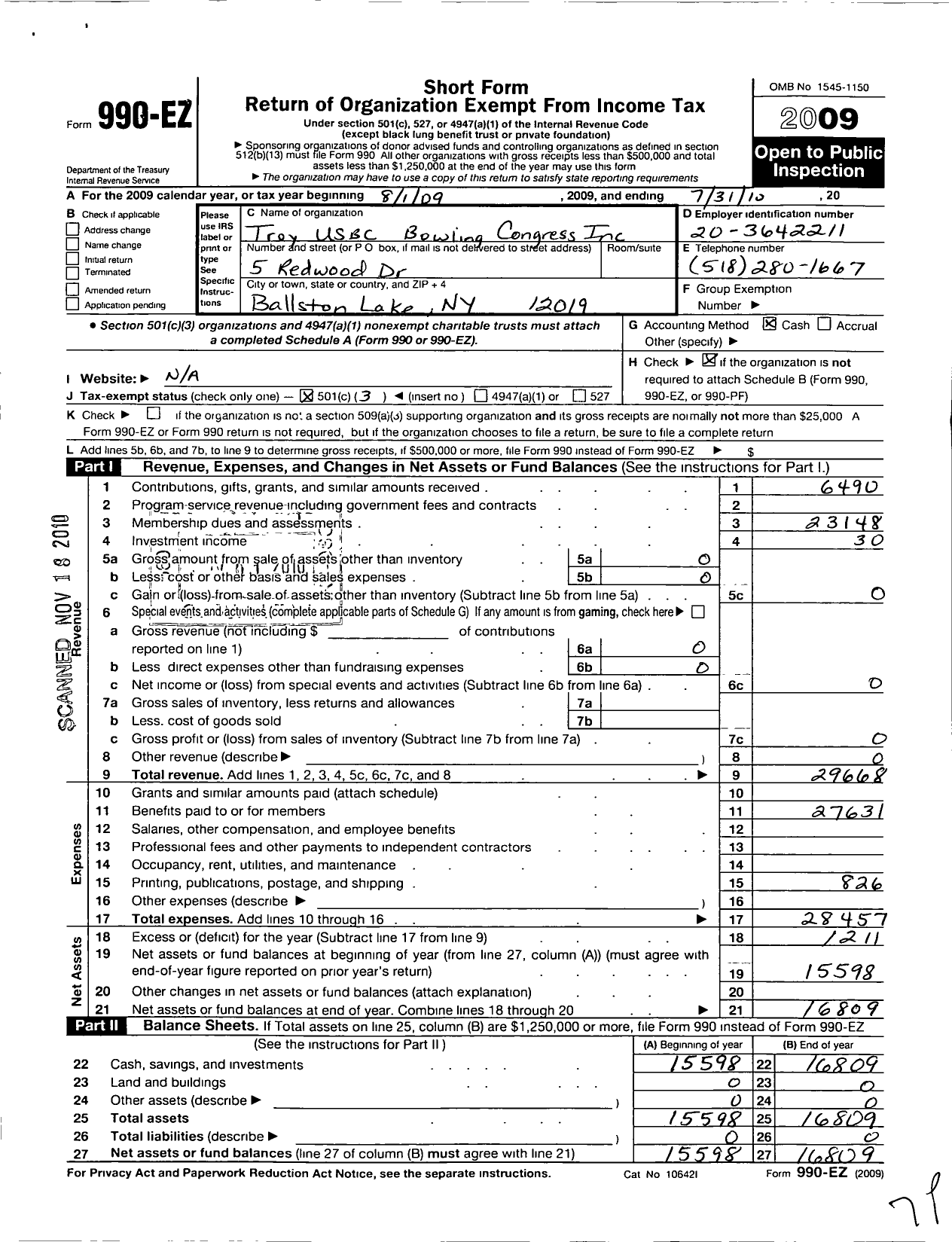 Image of first page of 2009 Form 990EZ for United States Bowling Congress - 85338 Troy Usbc Youth