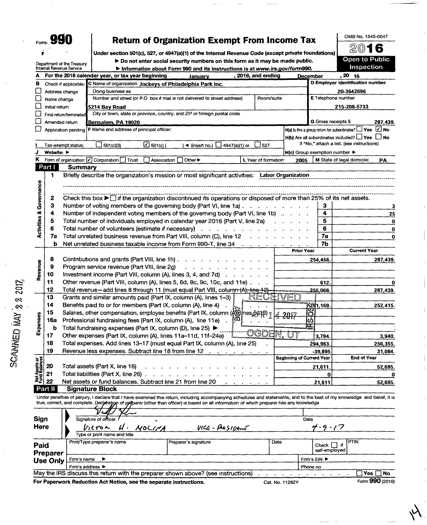 Image of first page of 2016 Form 990O for Jockeys of Philadelphia Park