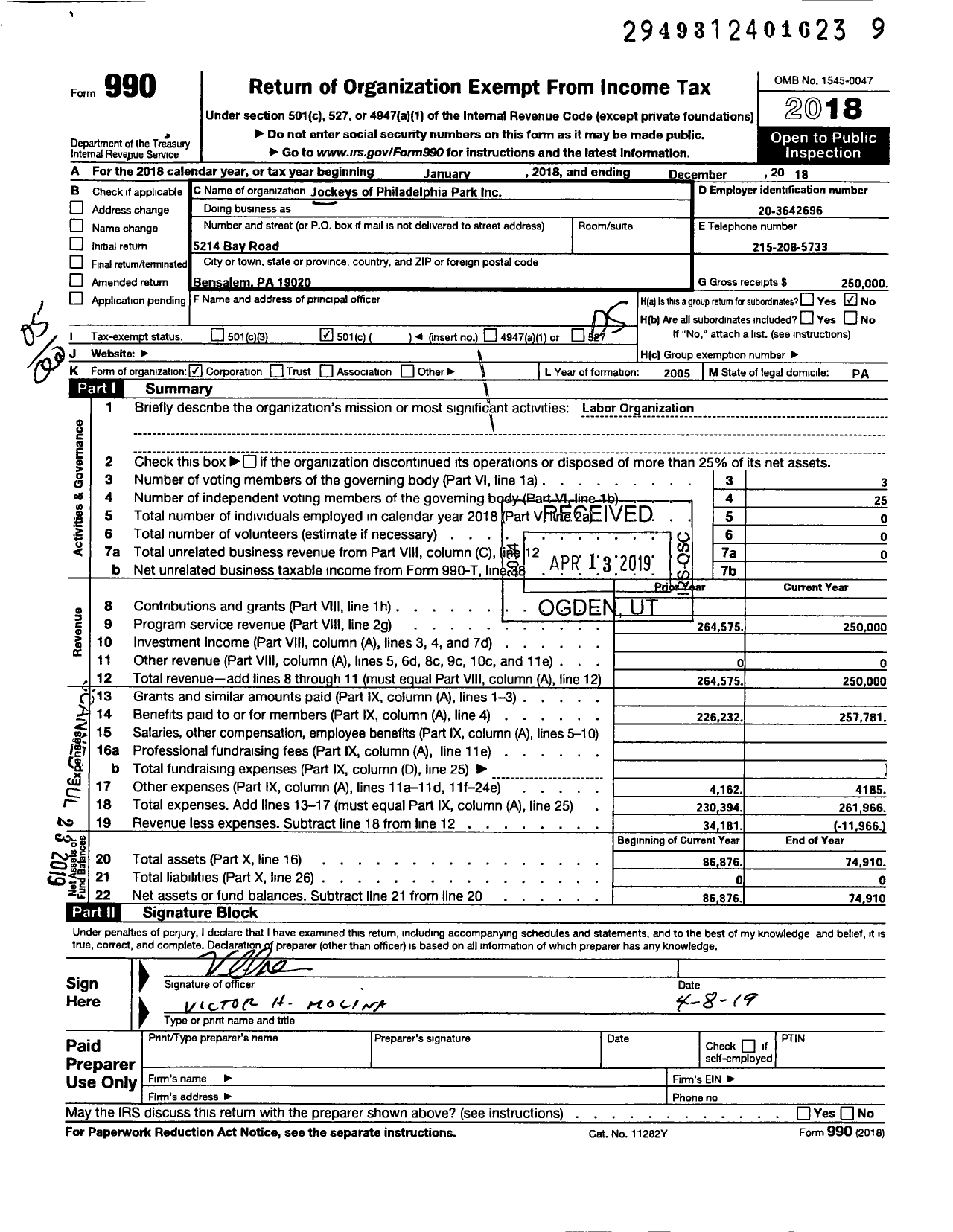 Image of first page of 2018 Form 990O for Jockeys of Philadelphia Park