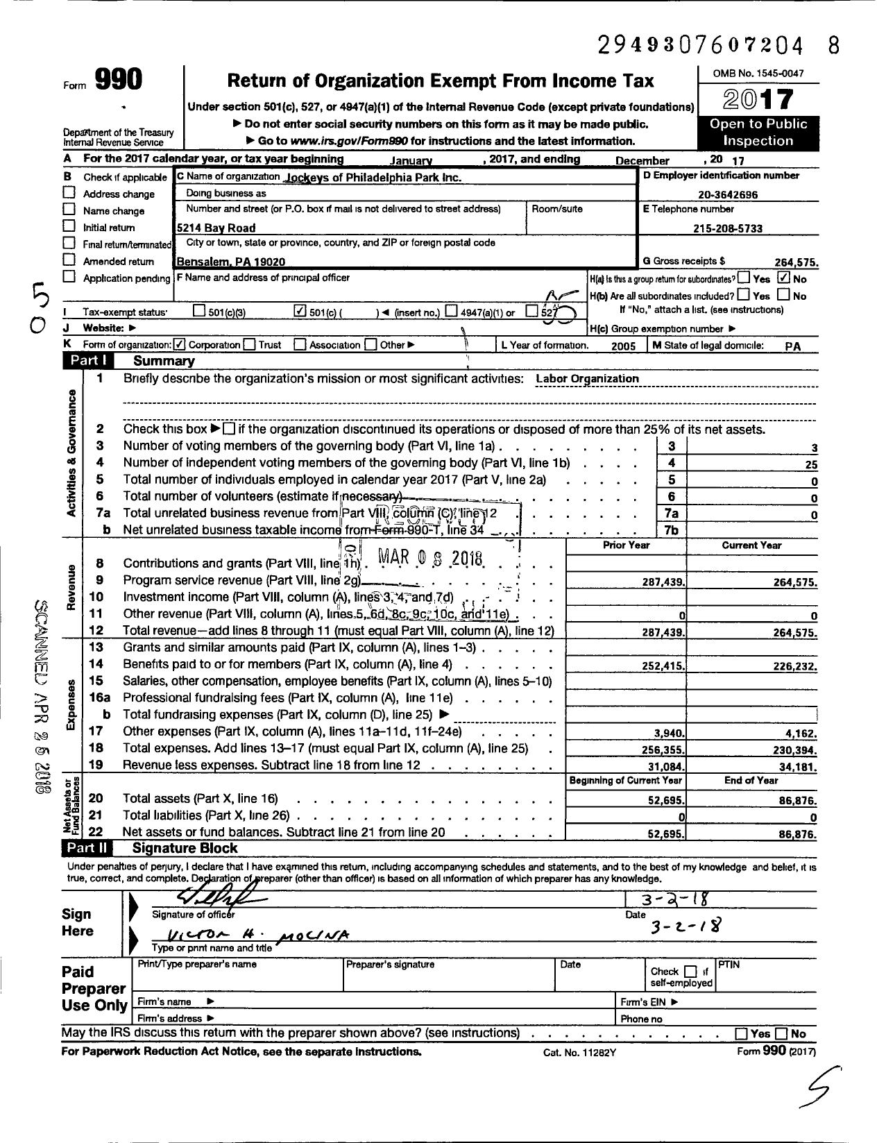 Image of first page of 2017 Form 990O for Jockeys of Philadelphia Park