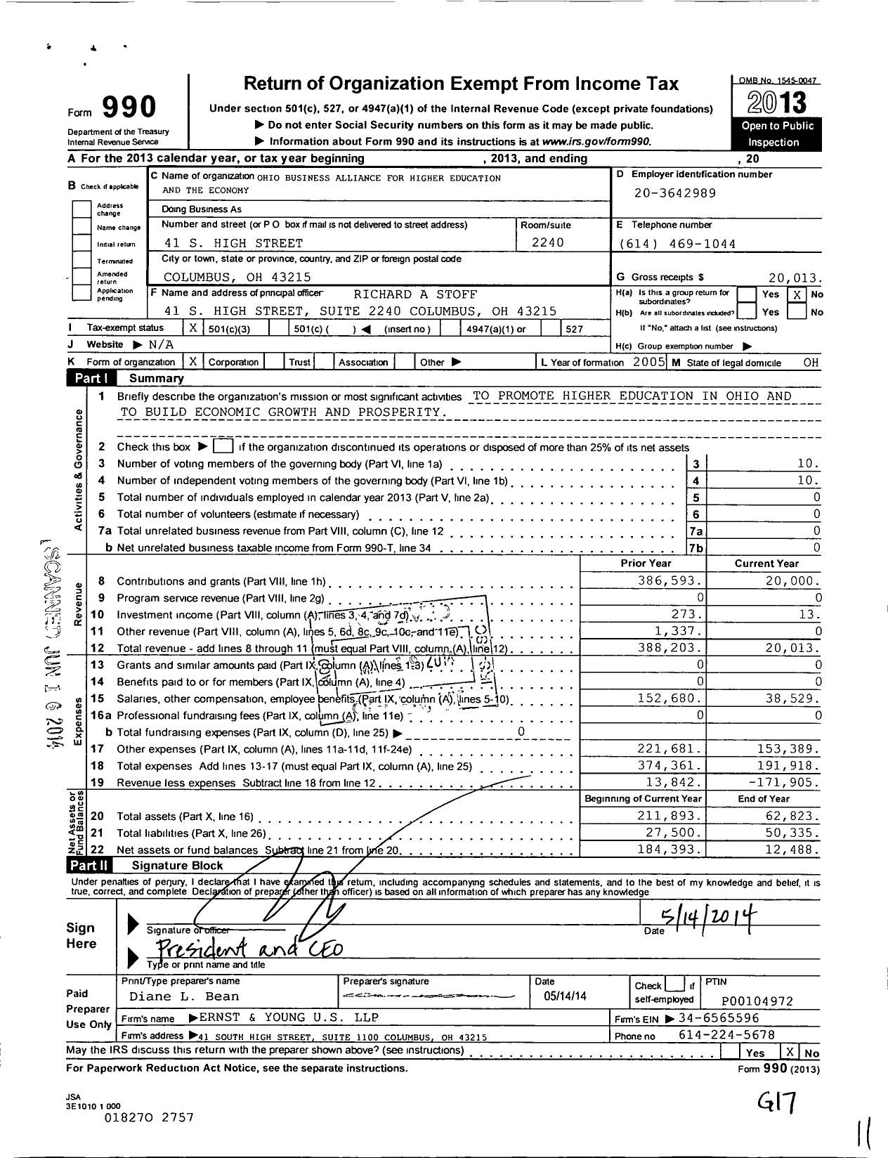 Image of first page of 2013 Form 990 for Ohio Business Alliance for Higher Education and the Economy