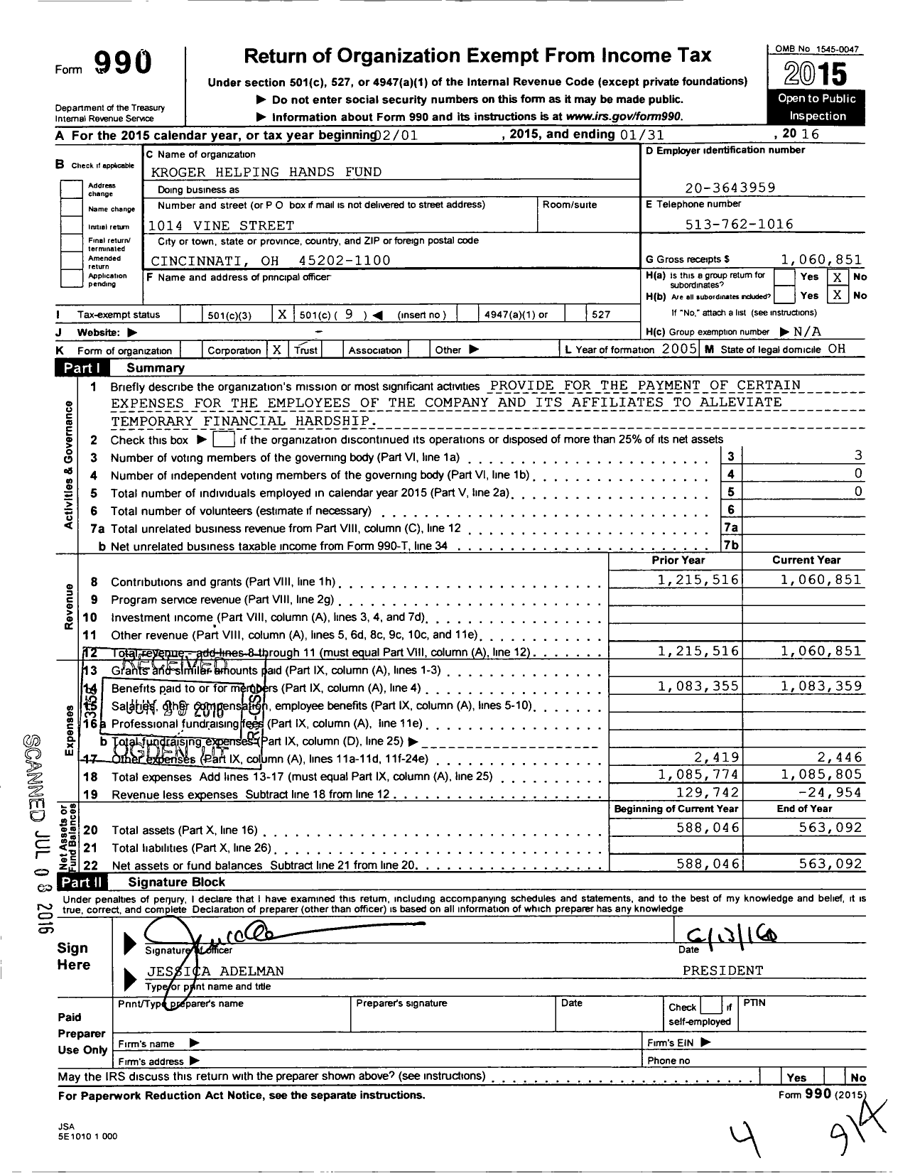 Image of first page of 2015 Form 990O for Kroger Helping Hands Fund