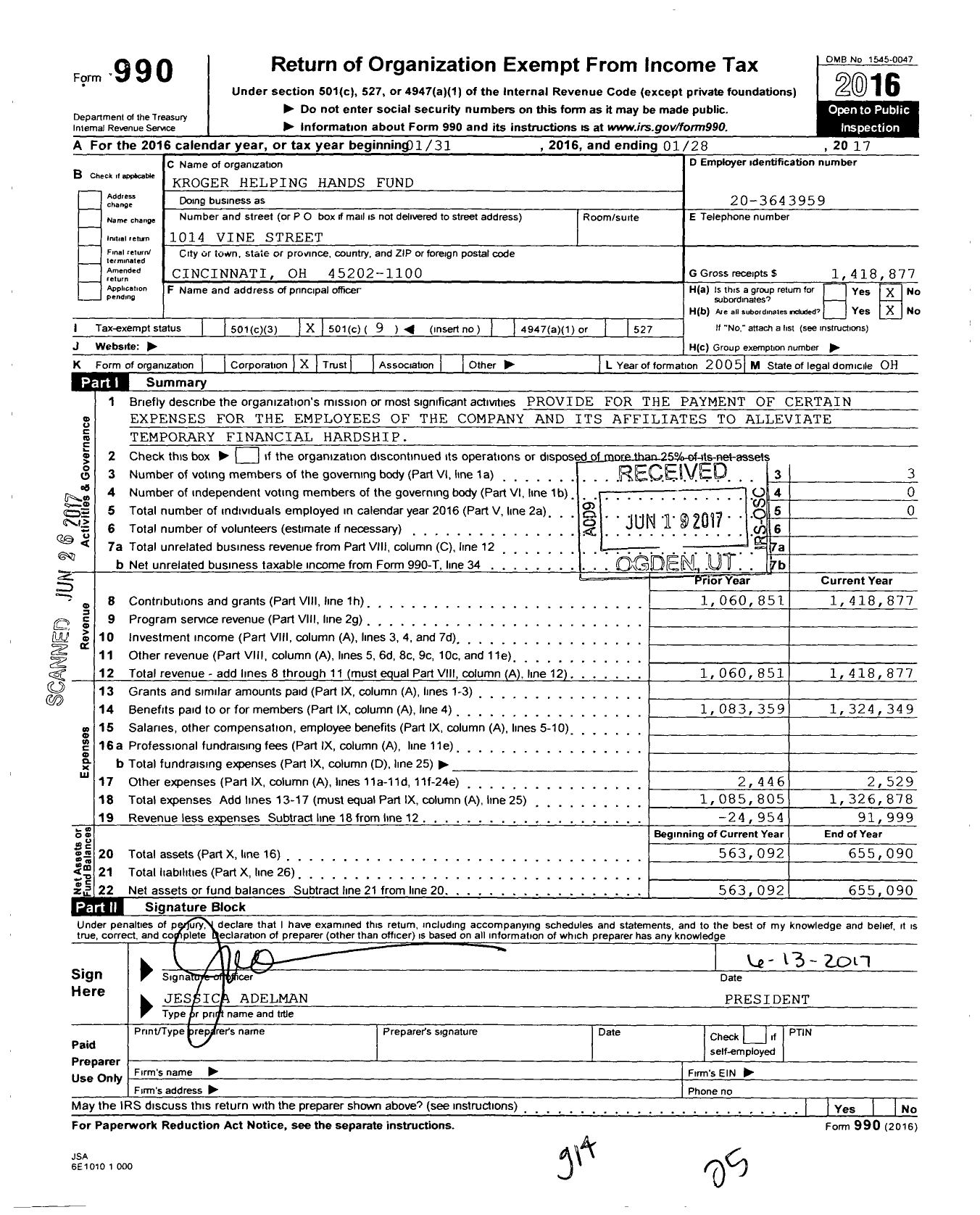 Image of first page of 2016 Form 990O for Kroger Helping Hands Fund