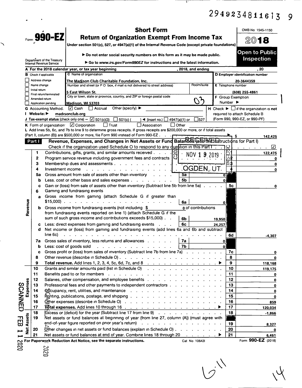 Image of first page of 2018 Form 990EZ for The Madison Club Charitable Foundation