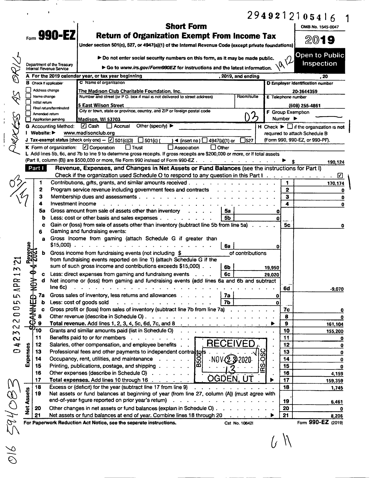 Image of first page of 2019 Form 990EZ for The Madison Club Charitable Foundation