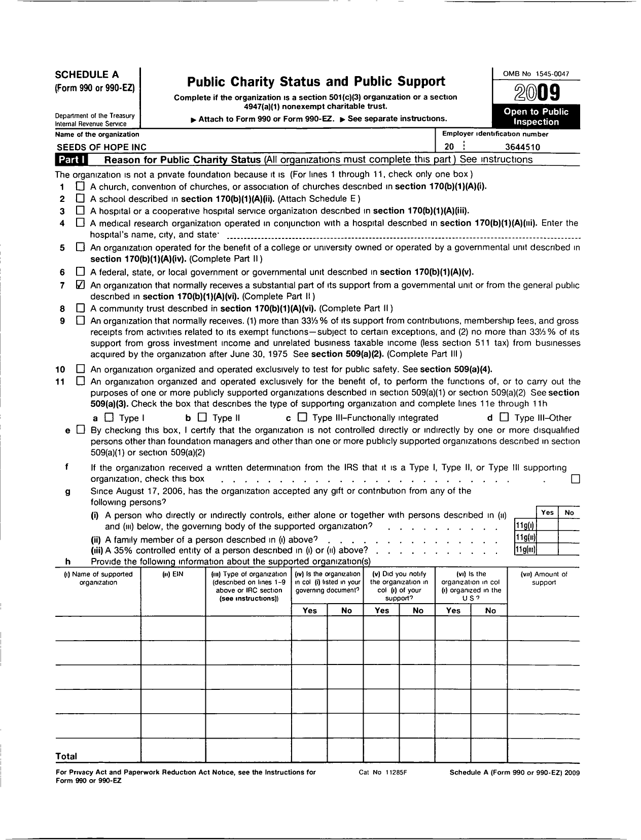 Image of first page of 2009 Form 990ER for Seeds of Hope