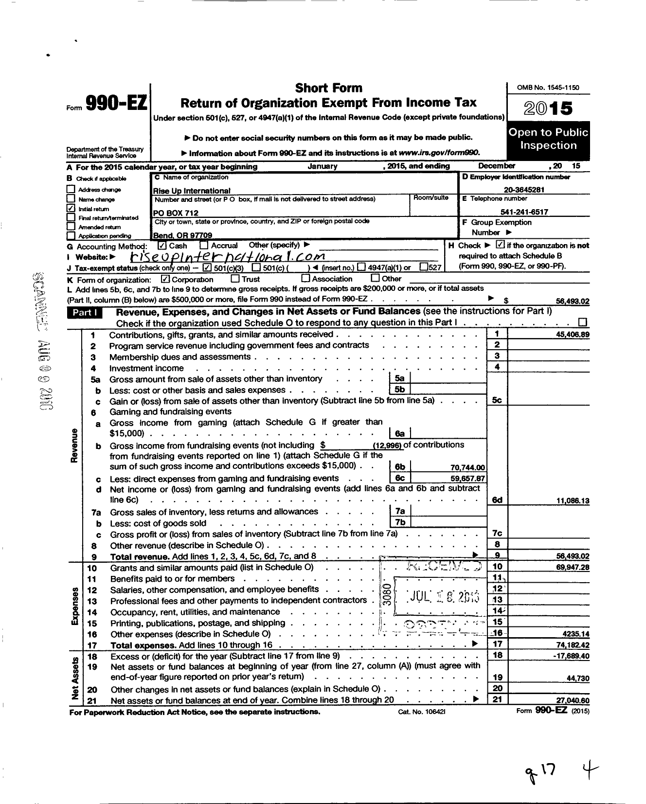 Image of first page of 2015 Form 990EZ for Rise Up