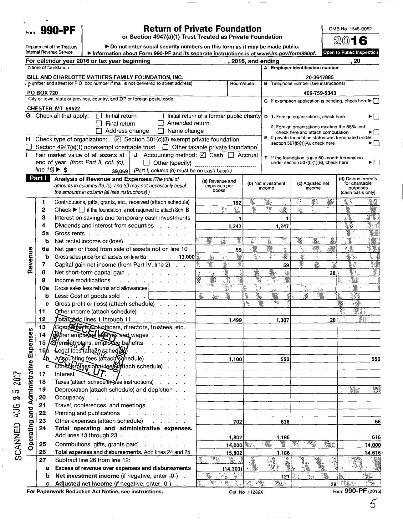 Image of first page of 2016 Form 990PF for Bill and Charlotte Mathers Family Foundation