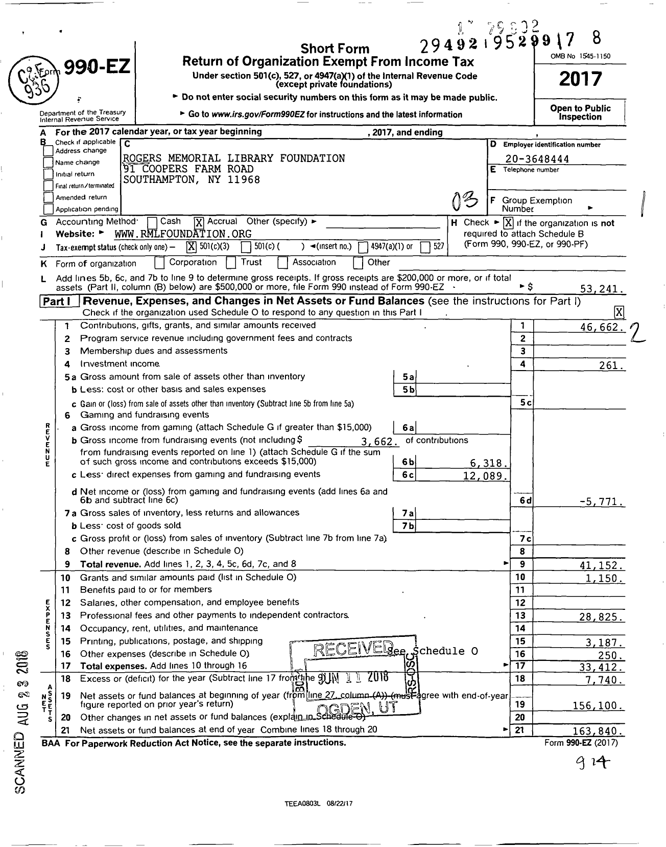 Image of first page of 2017 Form 990EZ for Rogers Memorial Library Foundation