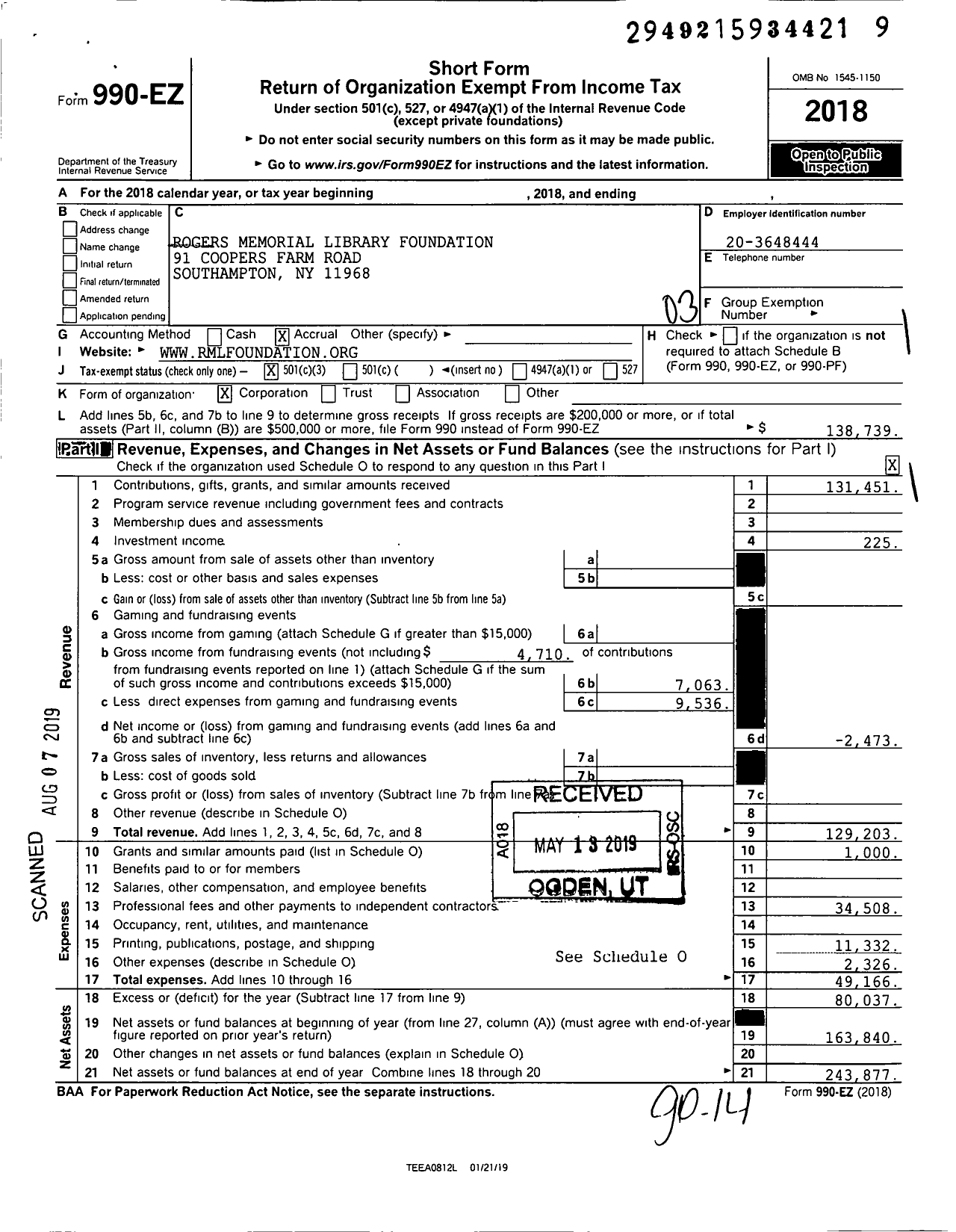 Image of first page of 2018 Form 990EZ for Rogers Memorial Library Foundation