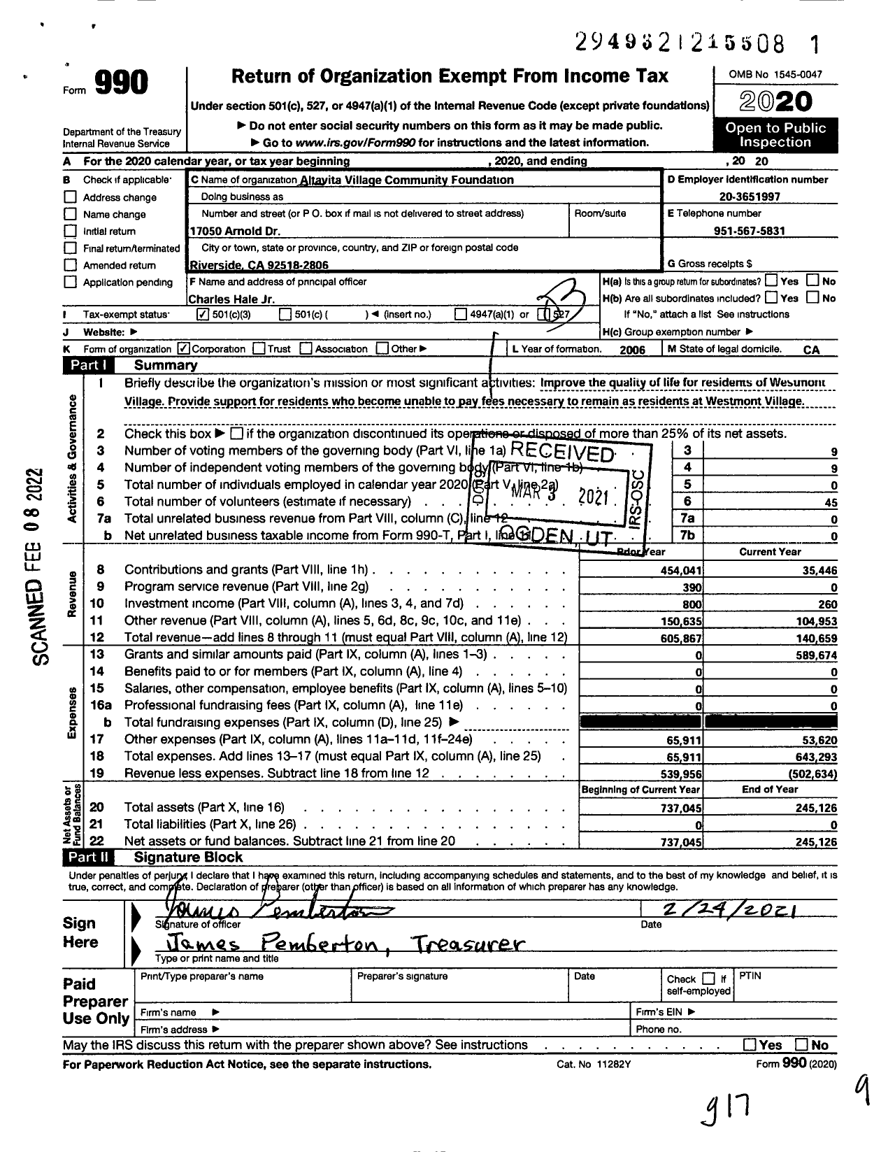 Image of first page of 2020 Form 990 for Altavita Village Community Foundation