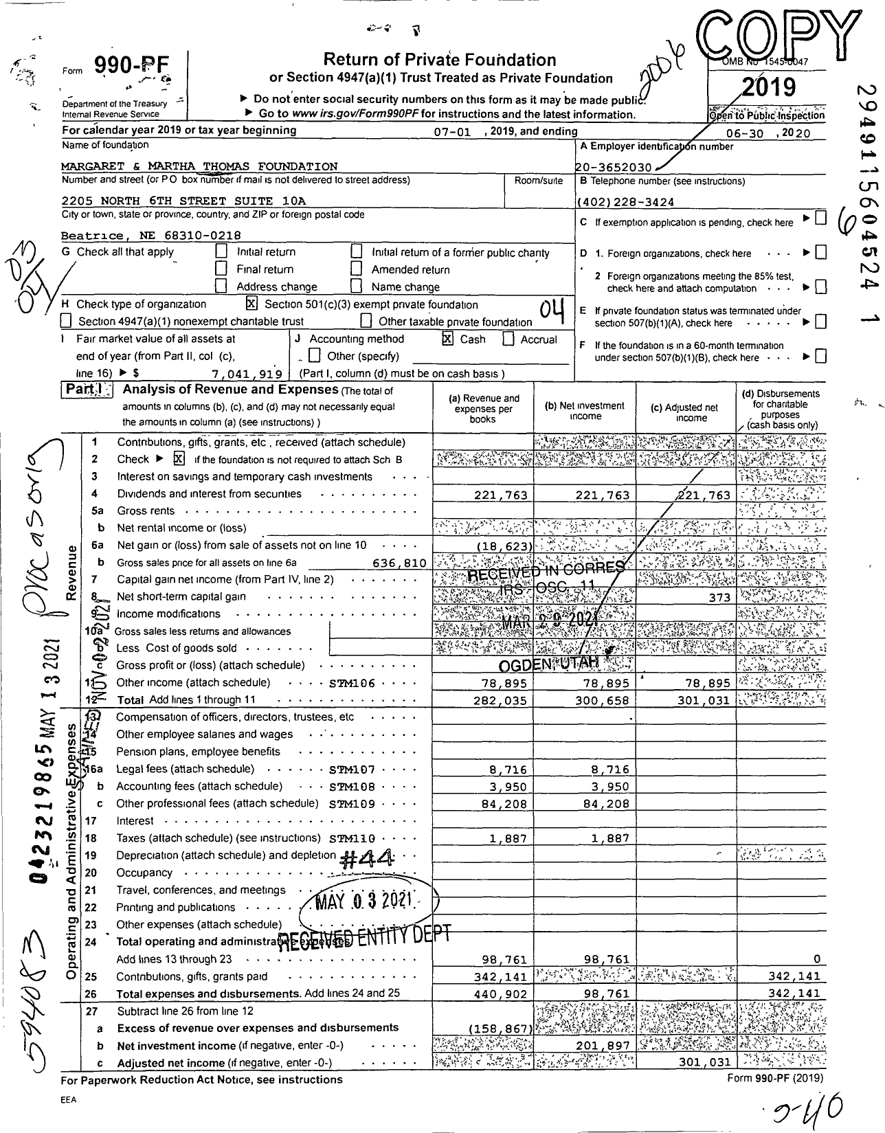 Image of first page of 2019 Form 990PF for Margaret and Martha Thomas Foundation