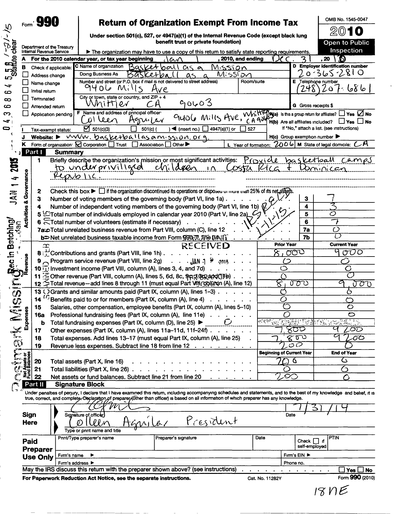 Image of first page of 2010 Form 990 for Basketball As A Mission