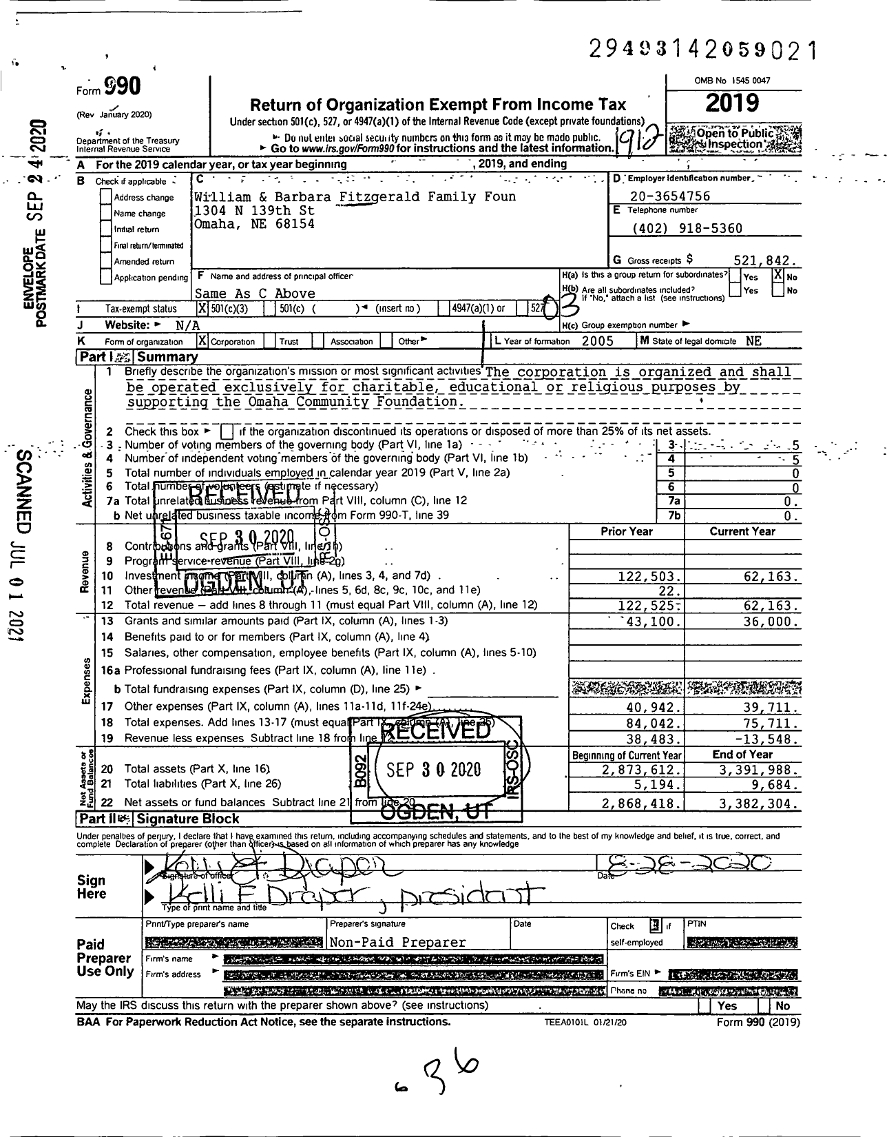 Image of first page of 2019 Form 990 for William & Barbara Fitzgerald Family Foundation