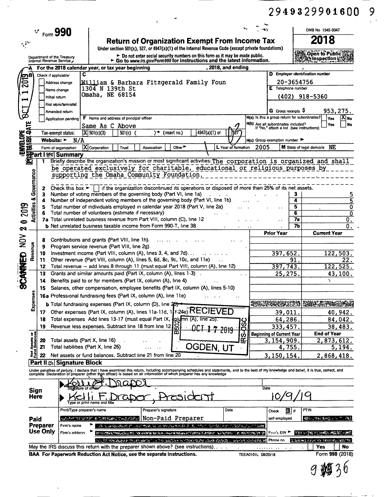 Image of first page of 2018 Form 990 for William & Barbara Fitzgerald Family Foundation